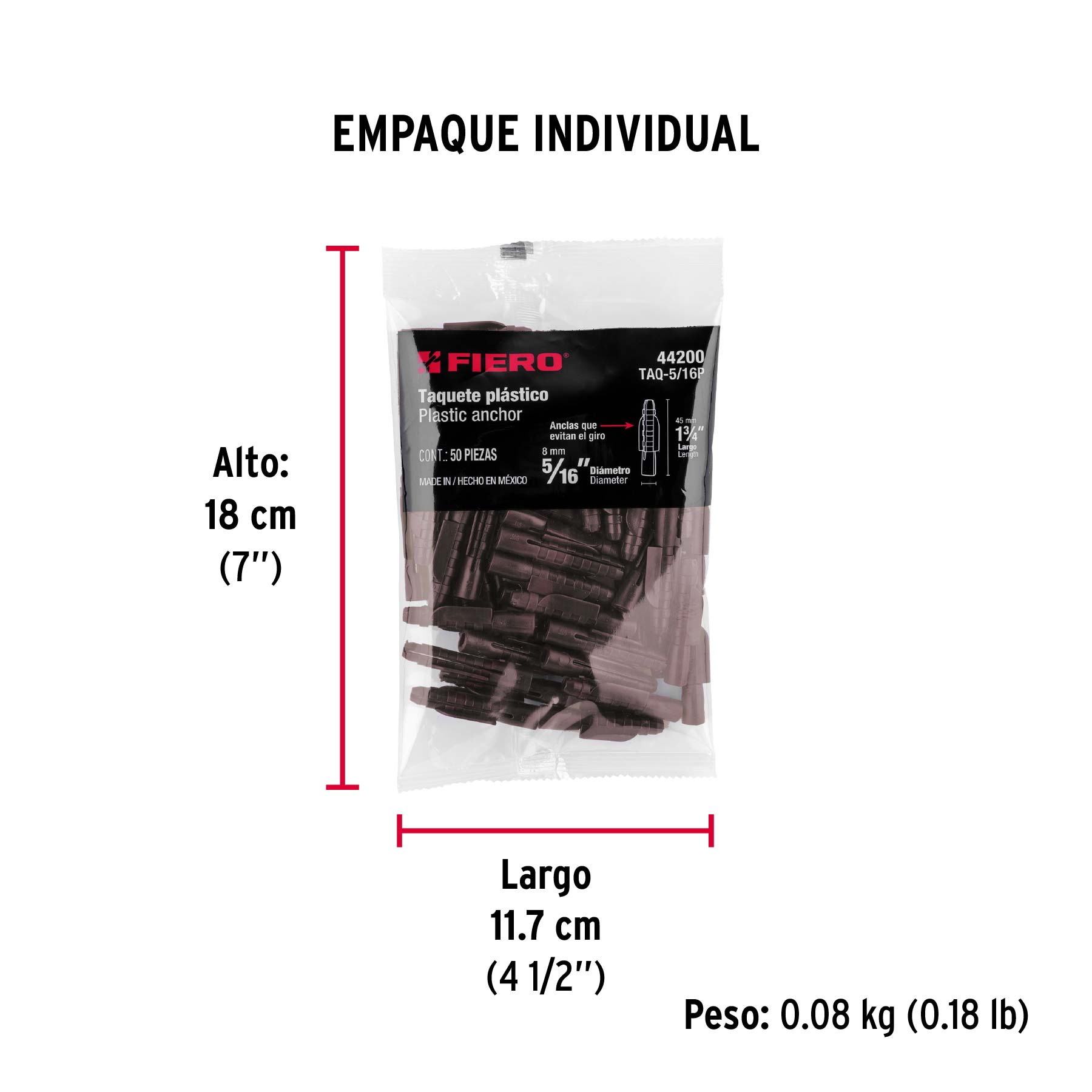 Bolsa con 50 taquetes de plástico 5/16", FIERO - Empaque