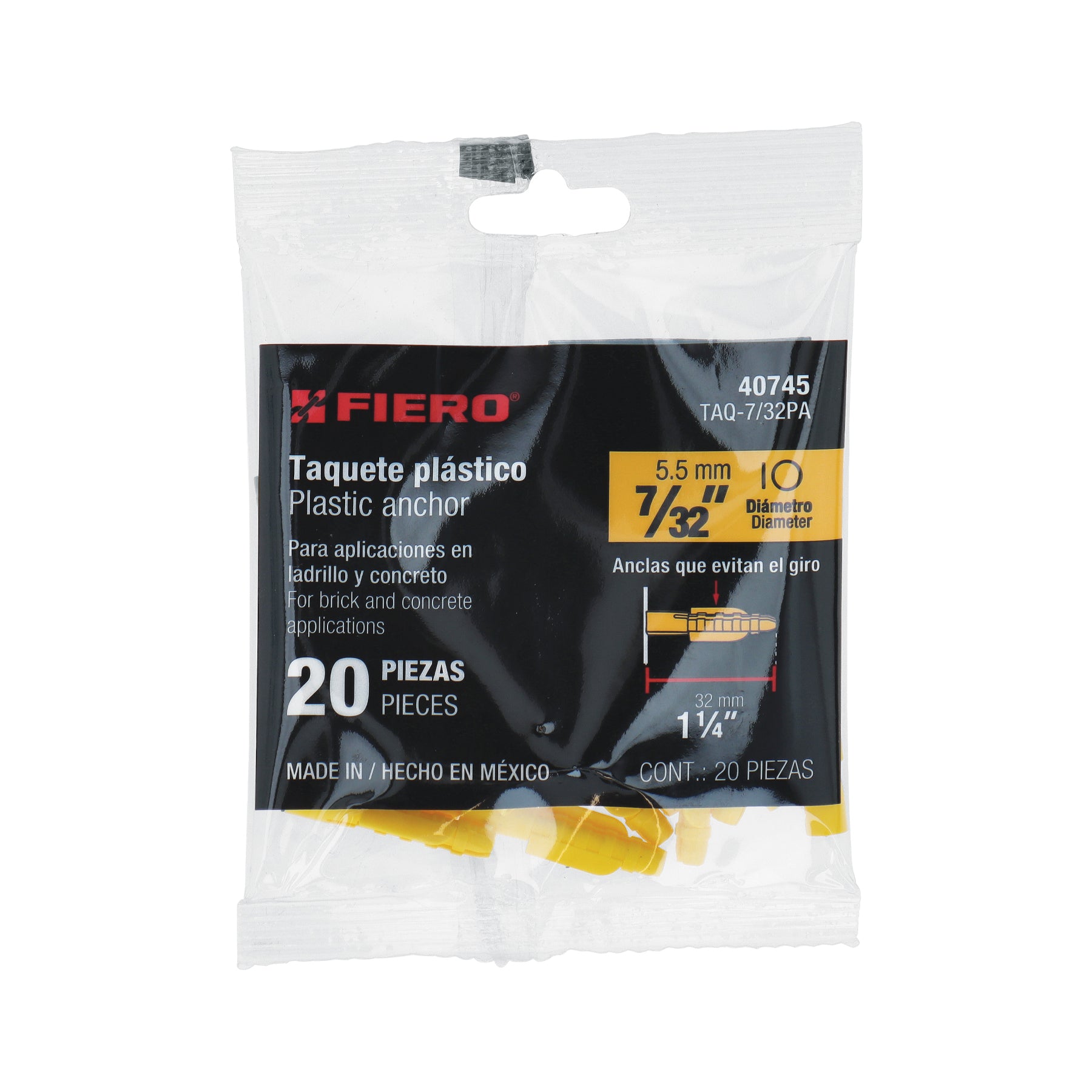 Bolsa con 20 taquetes de plástico 7/32", FIERO