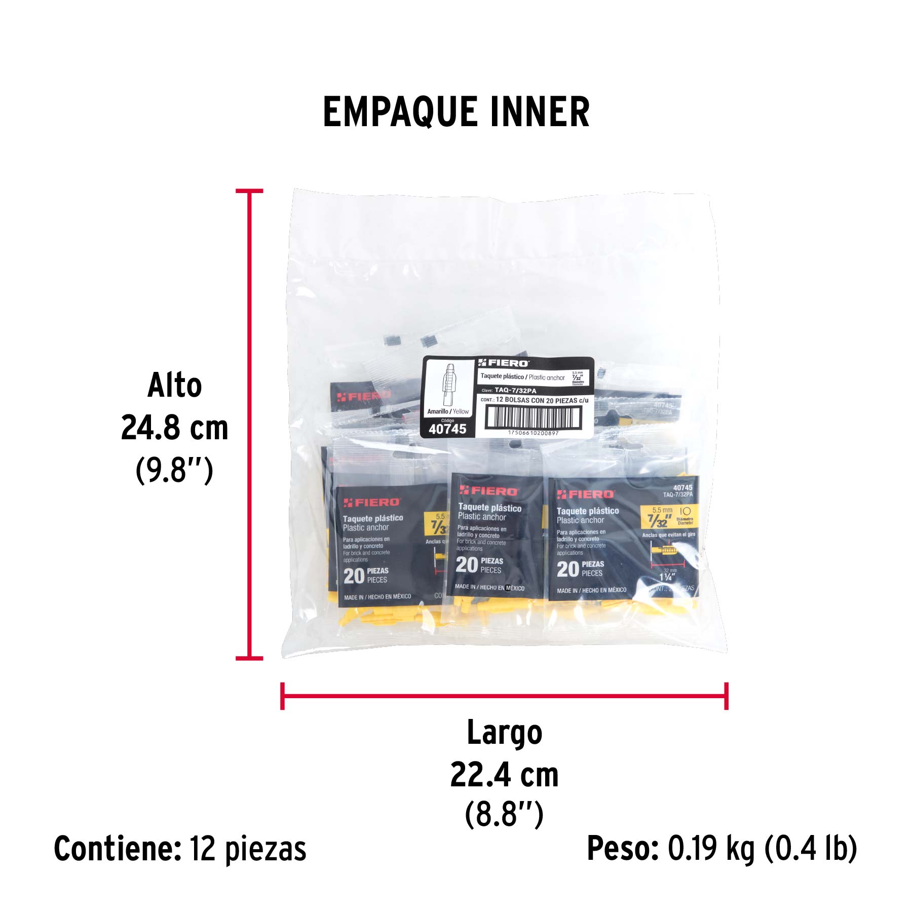 Bolsa con 20 taquetes de plástico 7/32", FIERO - Empaque