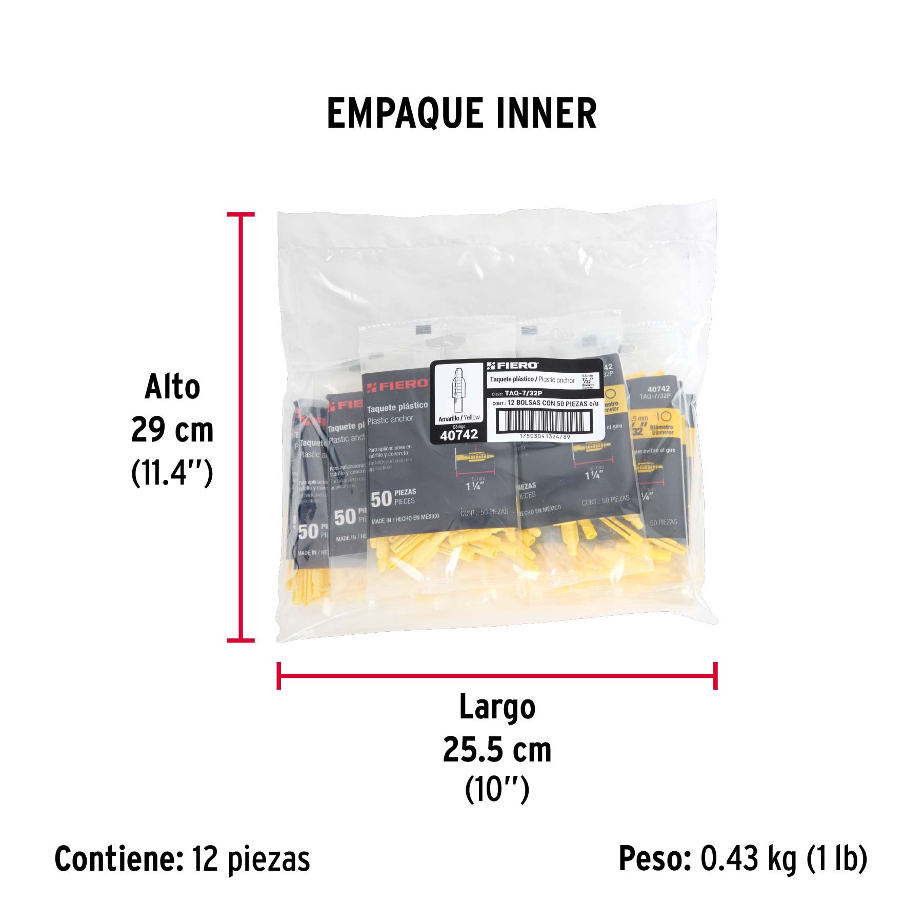 Bolsa con 50 taquetes de plástico 7/32", FIERO - Empaque