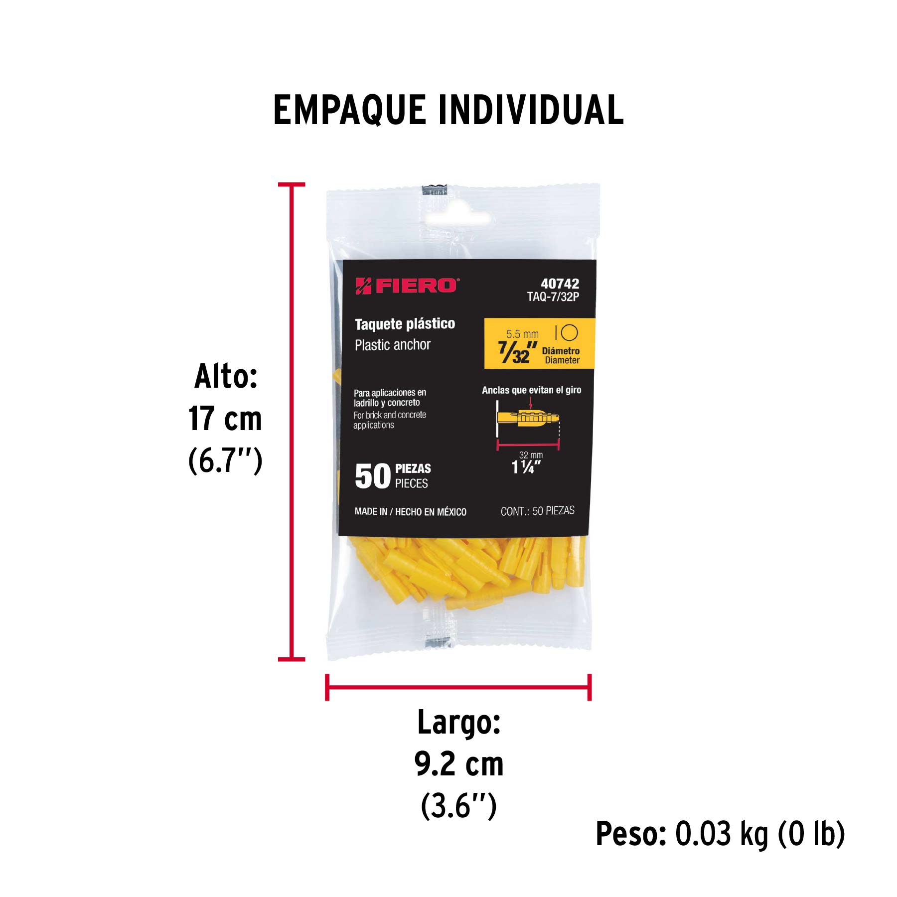Bolsa con 50 taquetes de plástico 7/32", FIERO - Empaque
