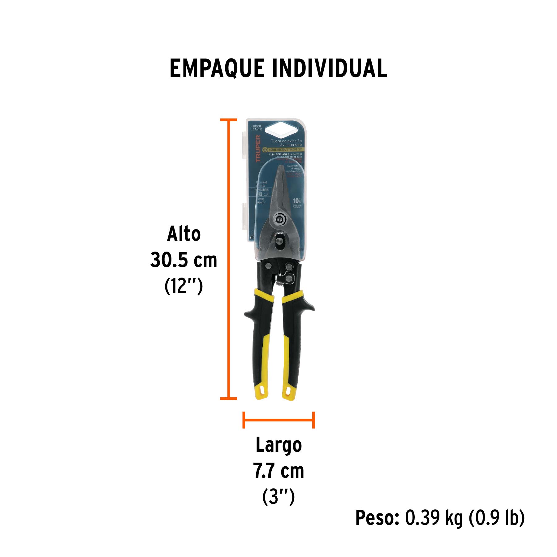 Tijera de aviación 10" corte recto, TRUPER - Empaque