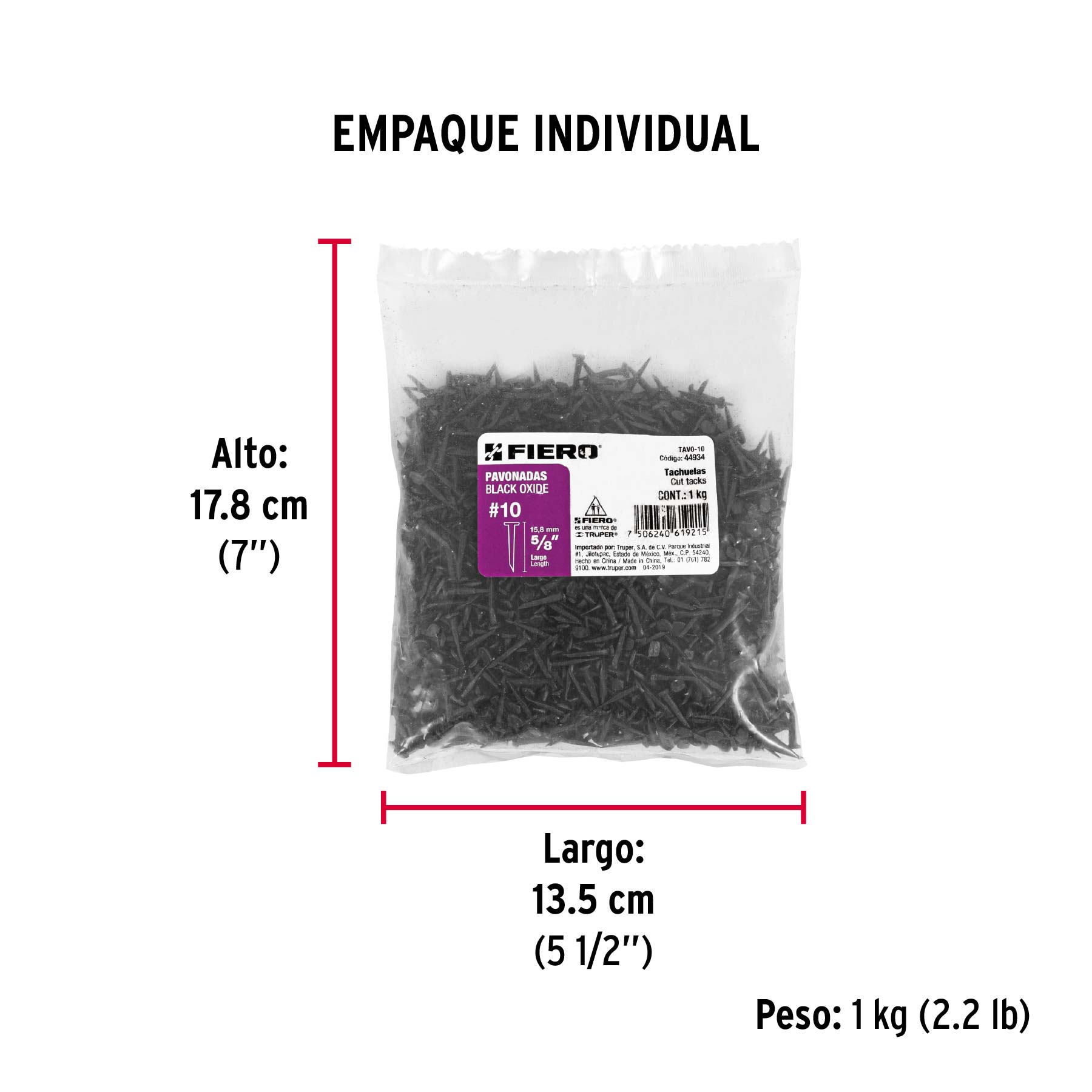 Bolsa con 1 kg de tachuelas pavonadas No. 10, FIERO - Empaque