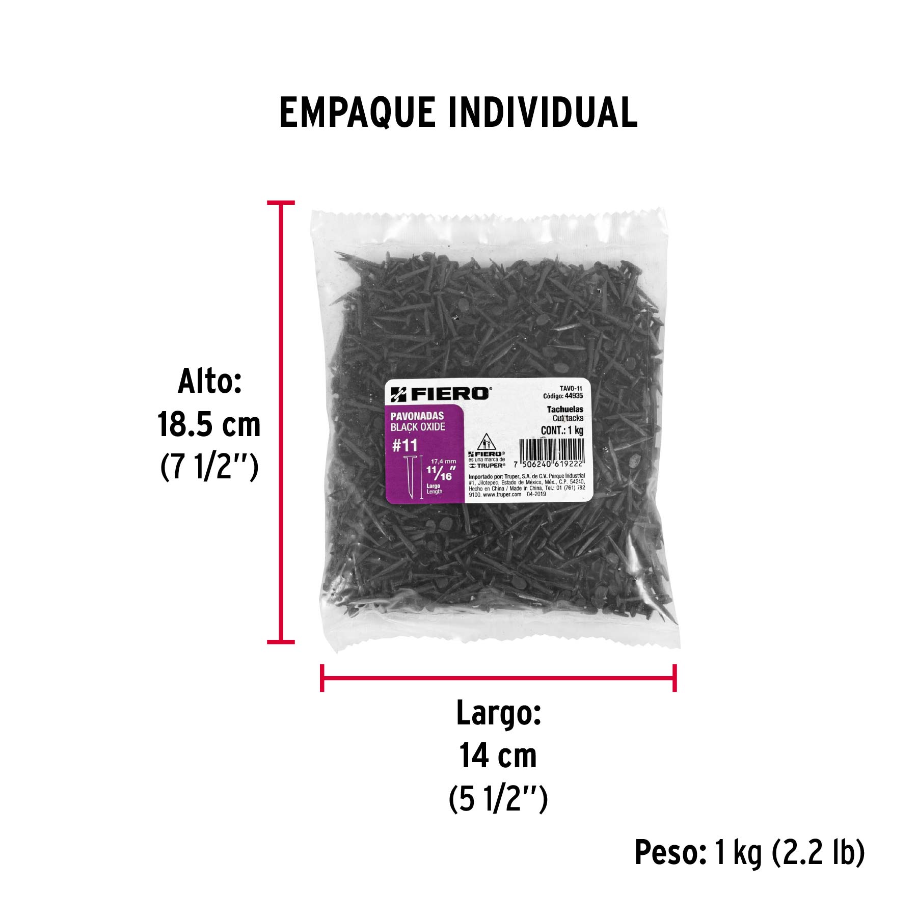 Bolsa con 1 kg de tachuelas pavonadas No. 11, FIERO - Empaque