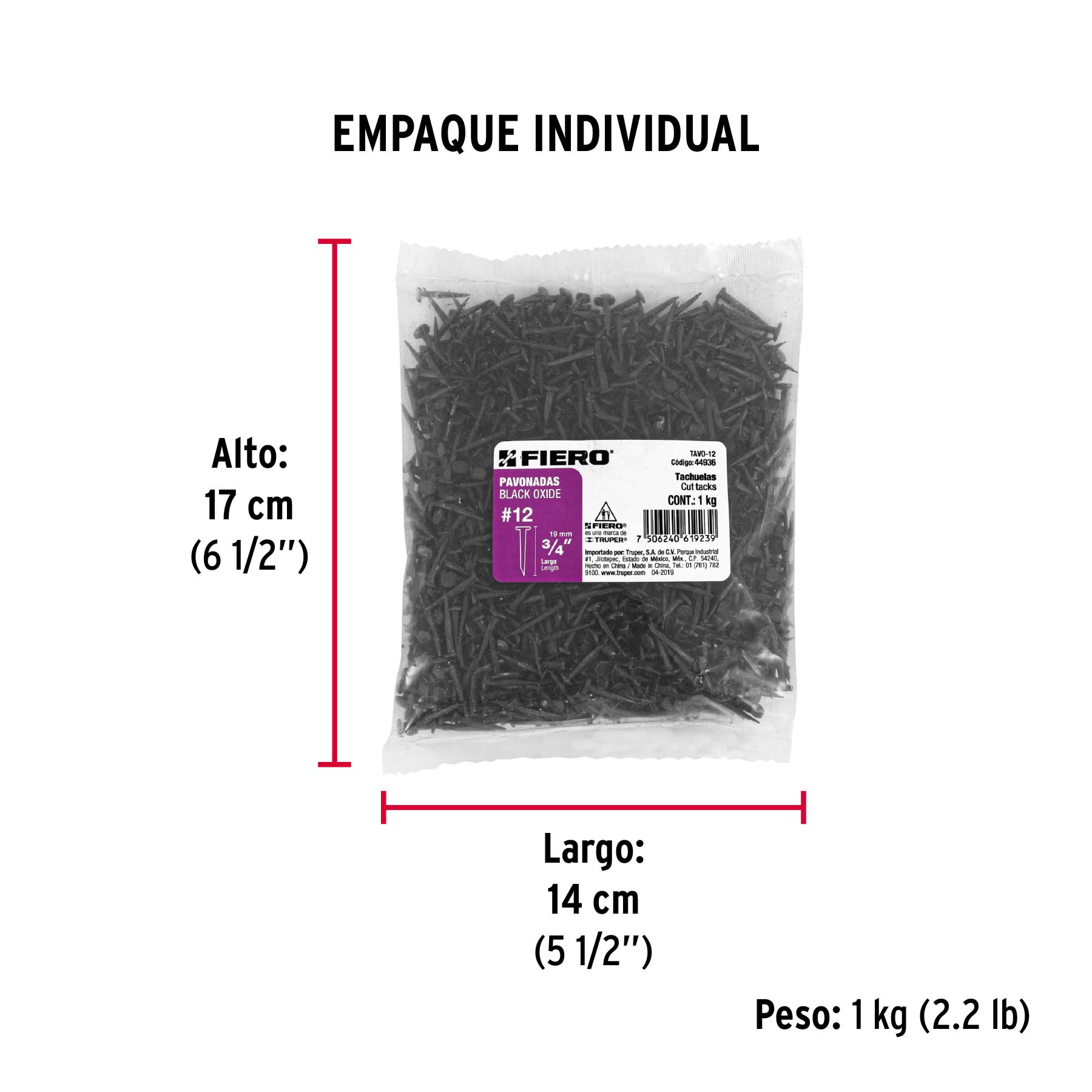 Bolsa con 1 kg de tachuelas pavonadas No. 12, FIERO - Empaque