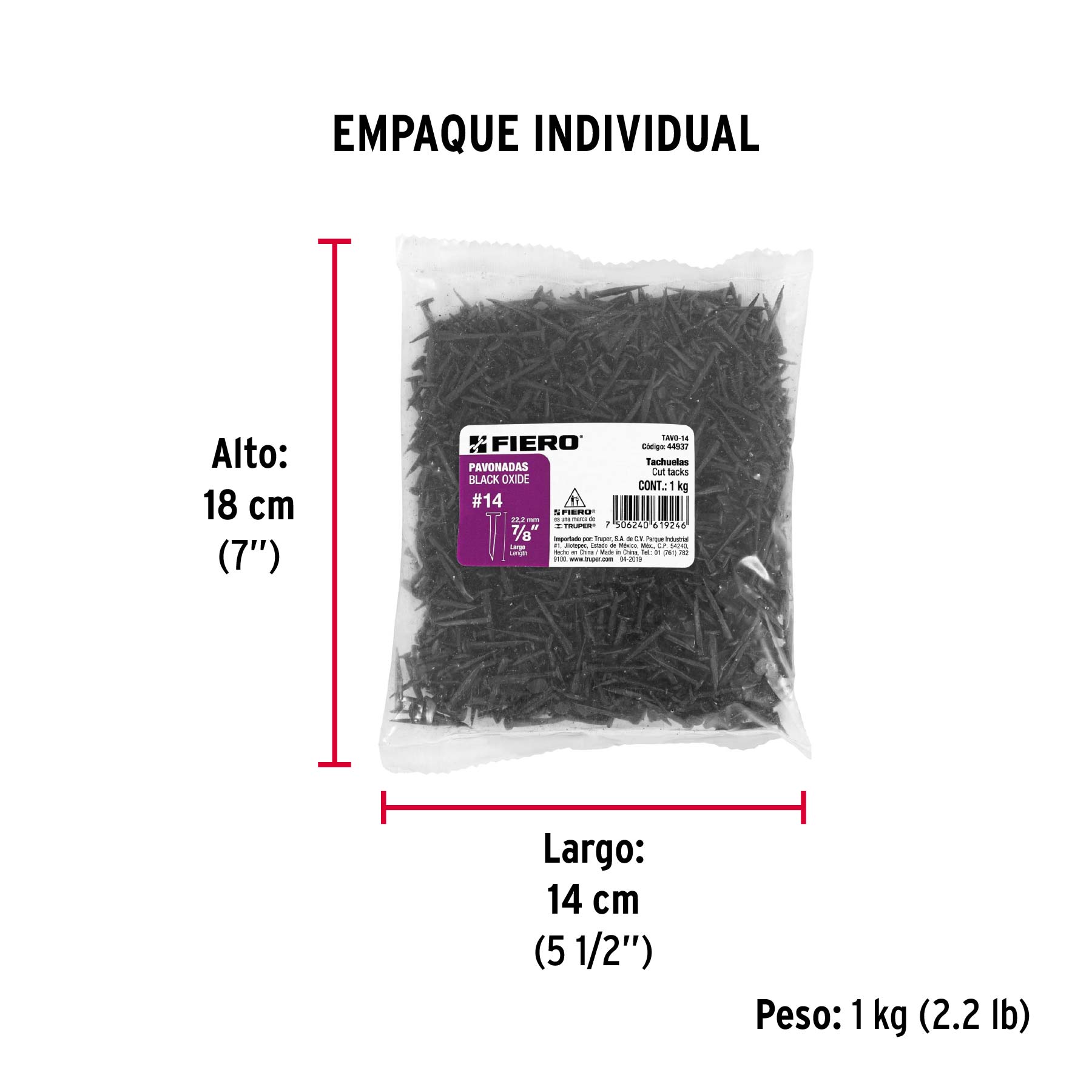 Bolsa con 1 kg de tachuelas pavonadas No. 14, FIERO - Empaque