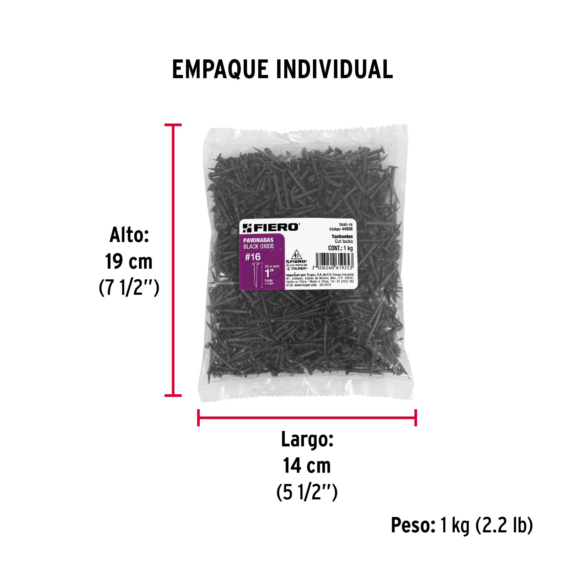Bolsa con 1 kg de tachuelas pavonadas No. 16, FIERO - Empaque
