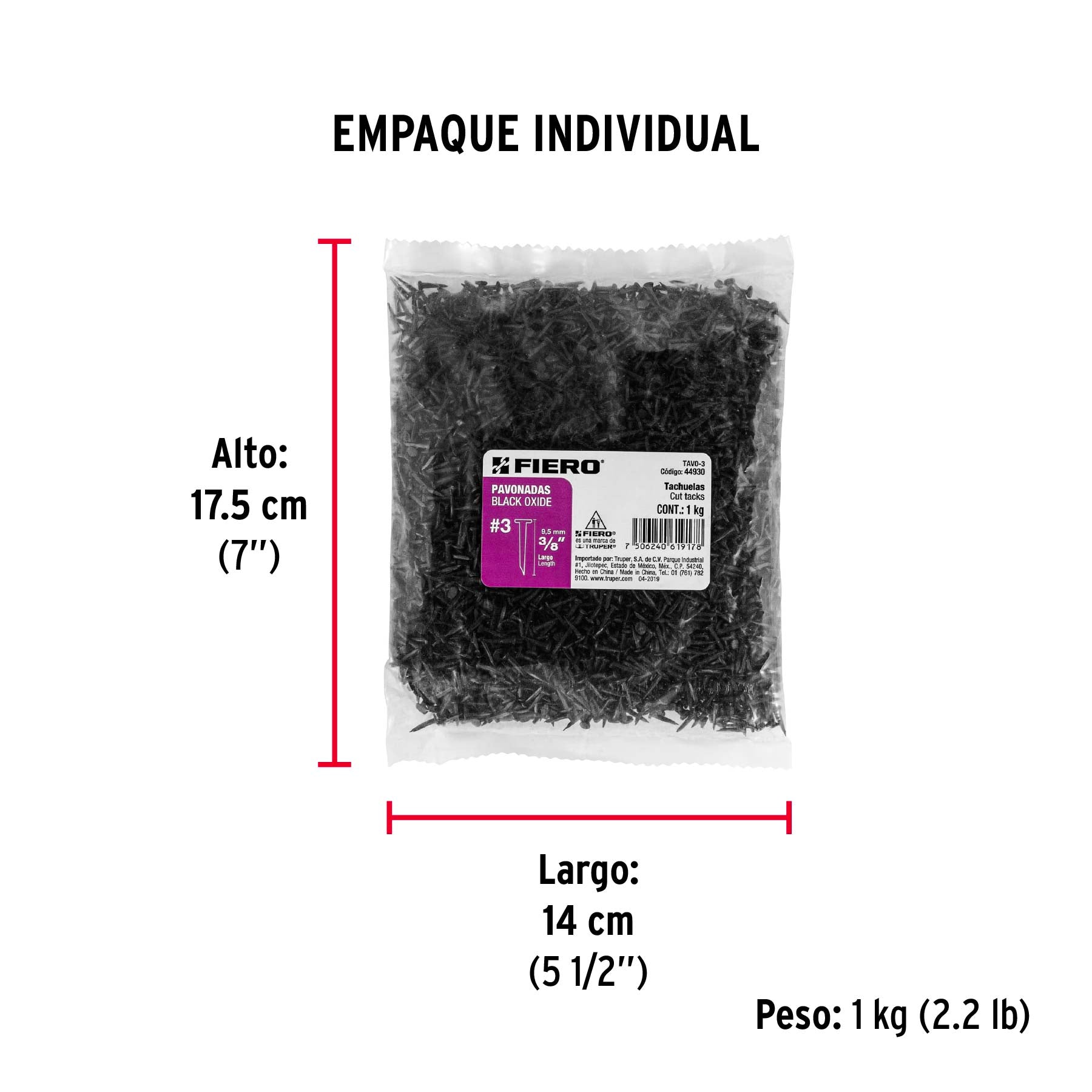Bolsa con 1 kg de tachuelas pavonadas No. 3, FIERO - Empaque