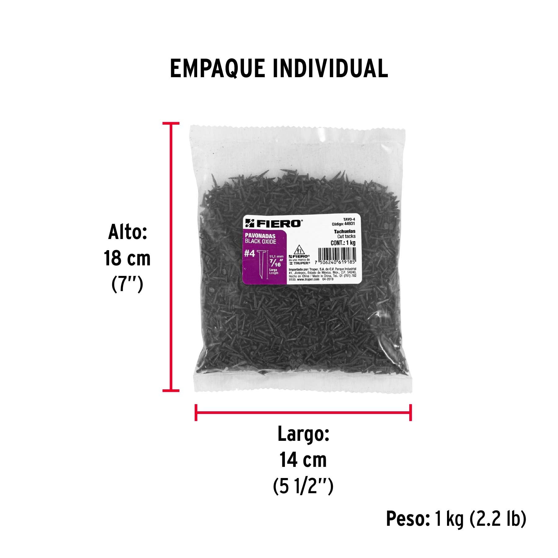 Bolsa con 1 kg de tachuelas pavonadas No. 4, FIERO - Empaque