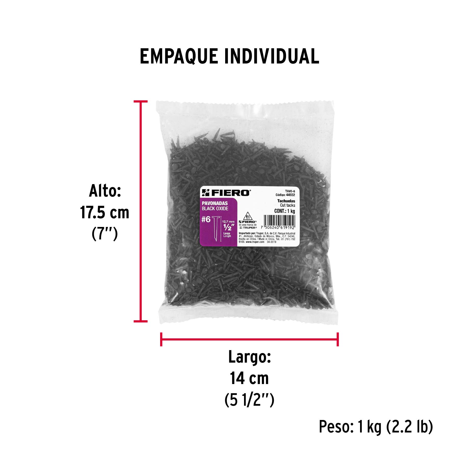 Bolsa con 1 kg de tachuelas pavonadas No. 6, FIERO - Empaque
