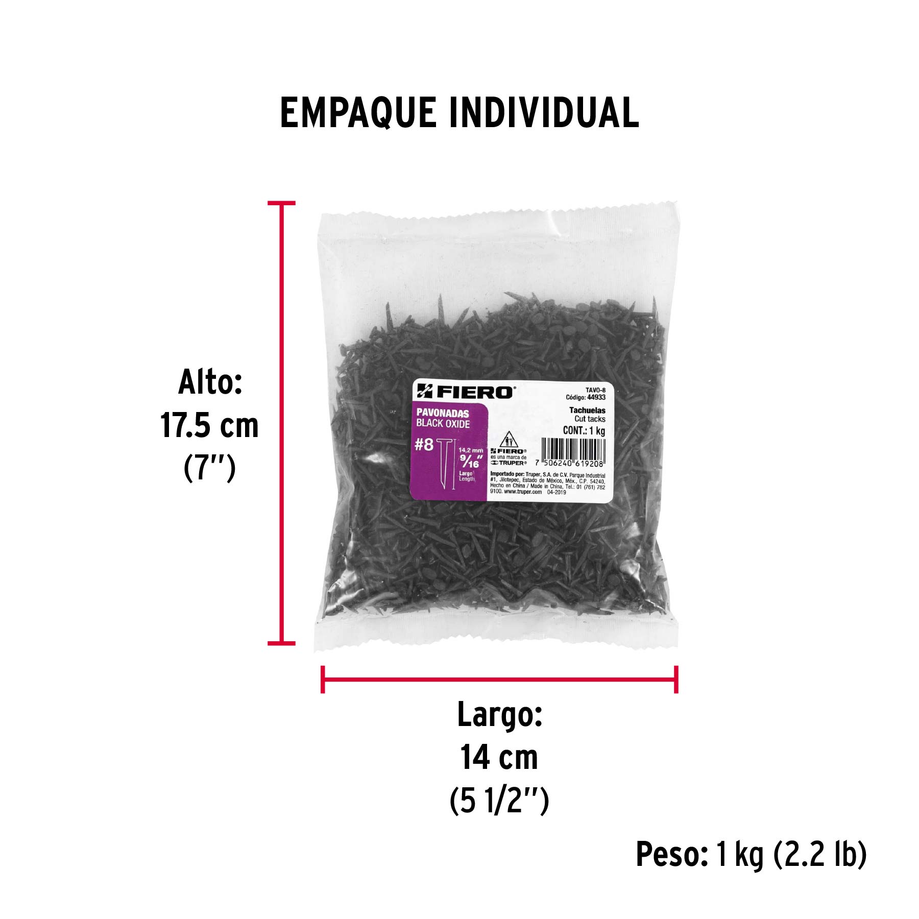 Bolsa con 1 kg de tachuelas pavonadas No. 8, FIERO - Empaque