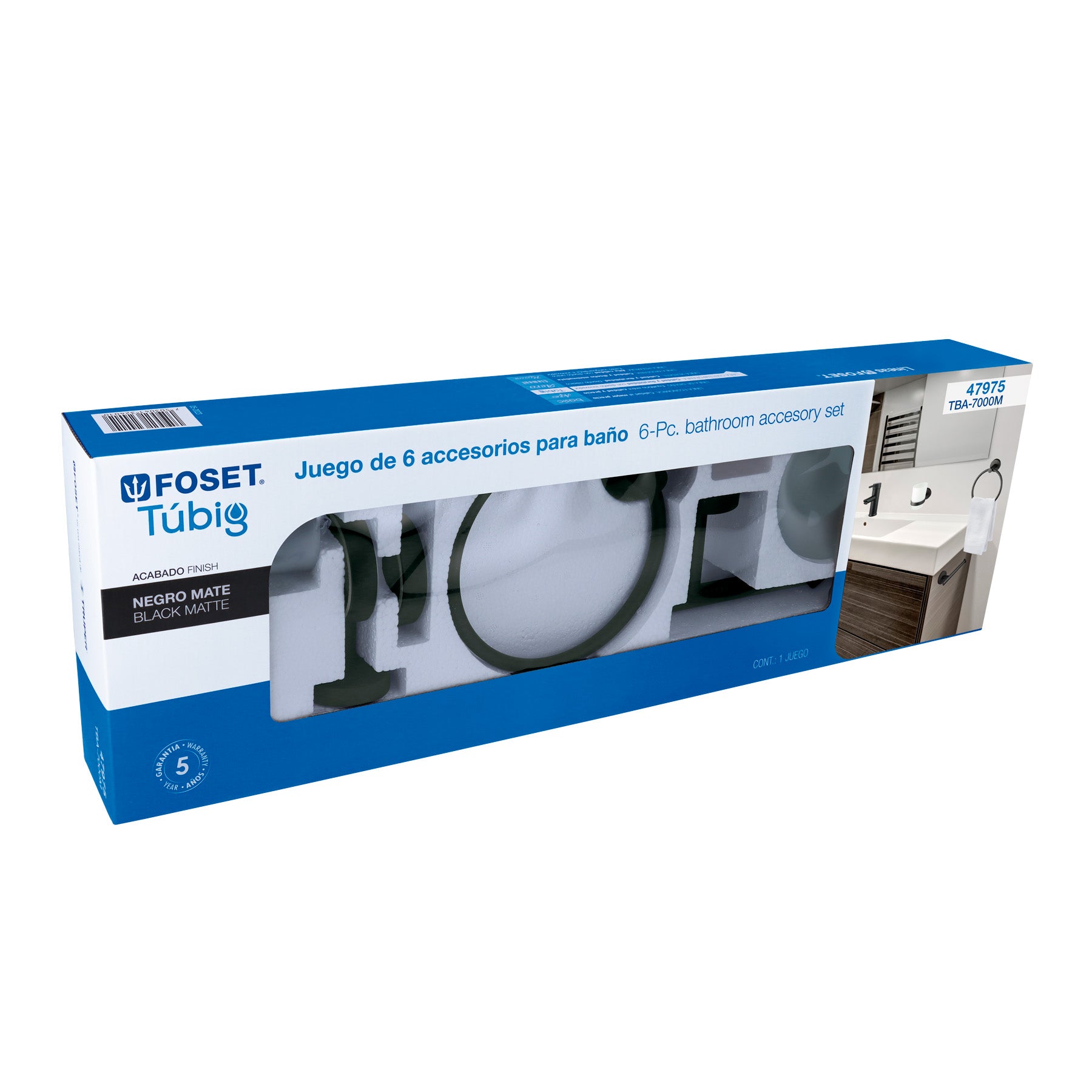 Juego de 6 accesorios para baño acabado negro, FOSET TÚBIG