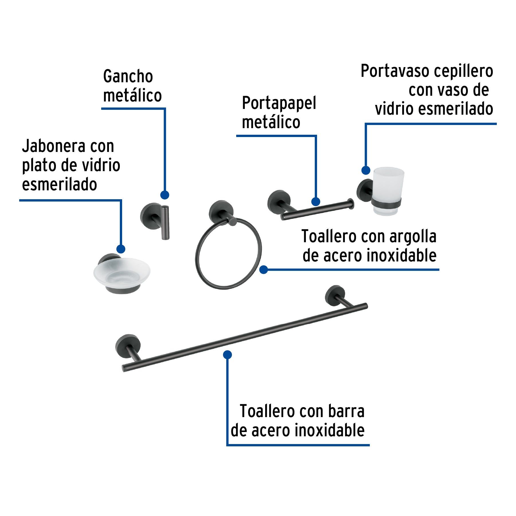 Juego de 6 accesorios para baño acabado negro, FOSET TÚBIG