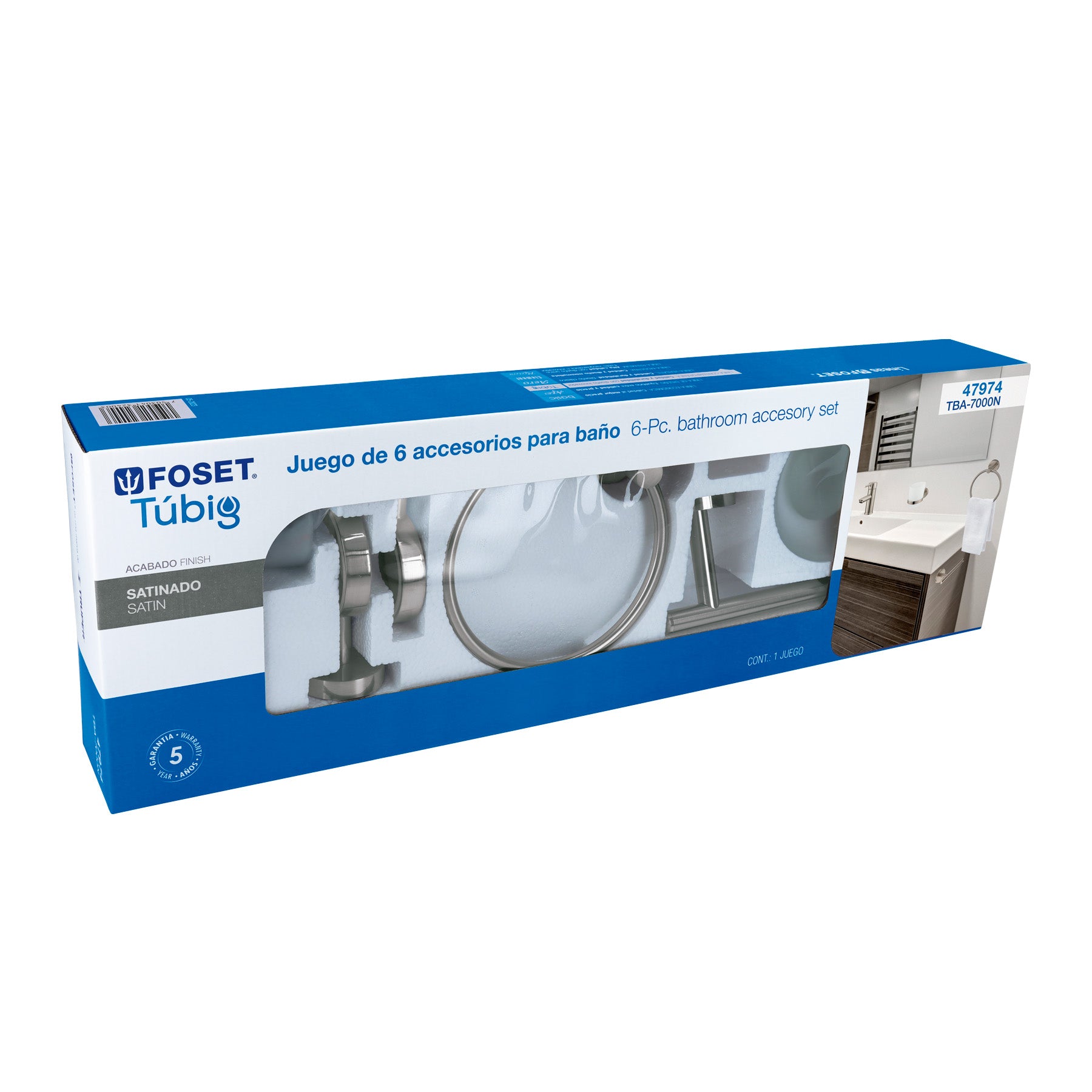 Juego de 6 accesorios para baño acabado satín, FOSET TÚBIG