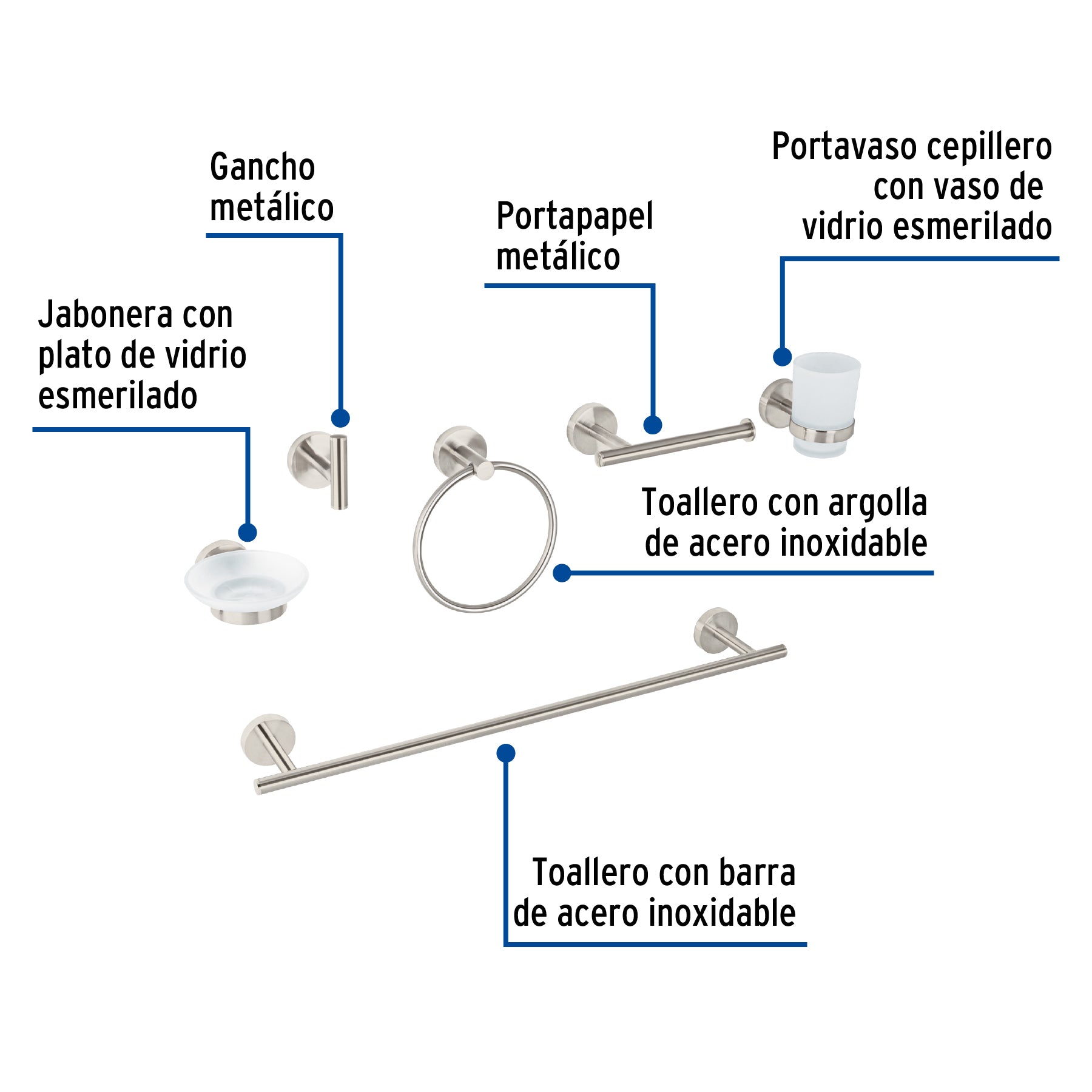 Juego de 6 accesorios para baño acabado satín, FOSET TÚBIG