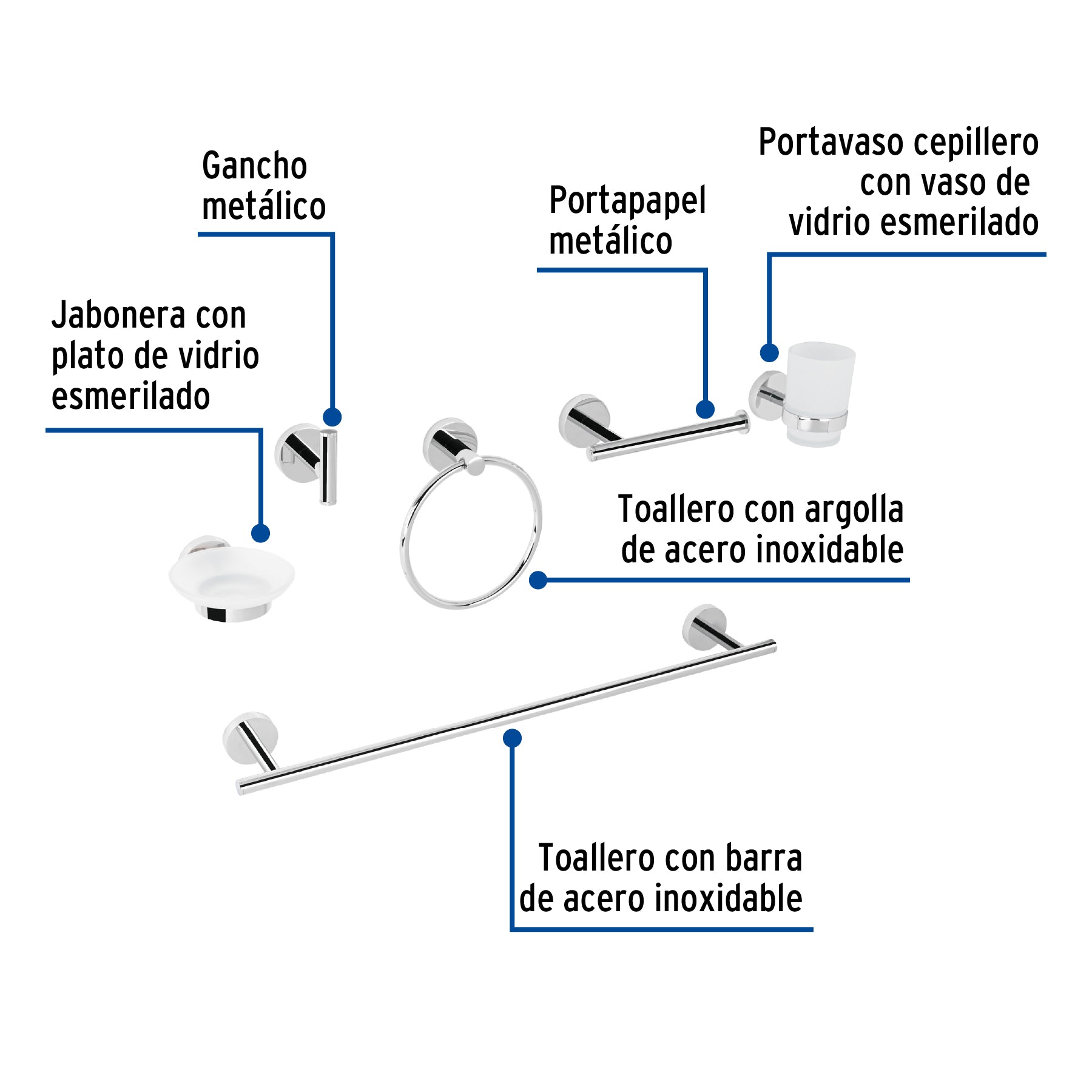 Juego de 6 accesorios para baño acabado cromo, FOSET TÚBIG