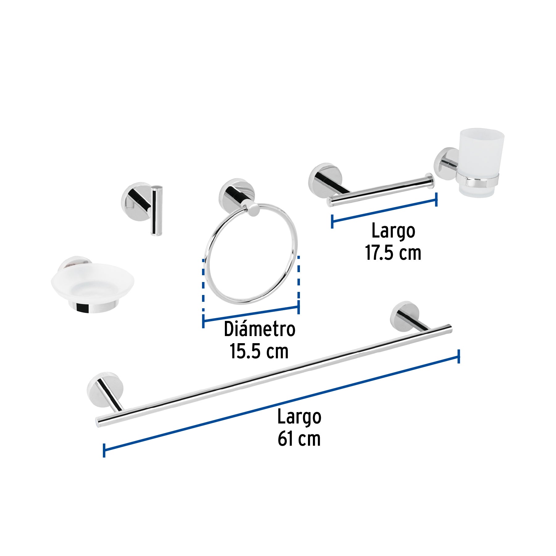 Juego de 6 accesorios para baño acabado cromo, FOSET TÚBIG