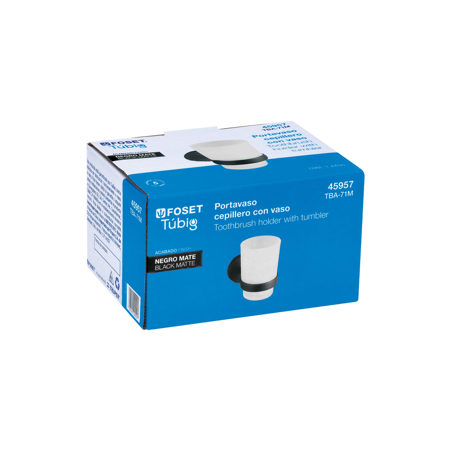 Portavaso cepillero negro con vaso de vidrio, FOSET TÚBIG
