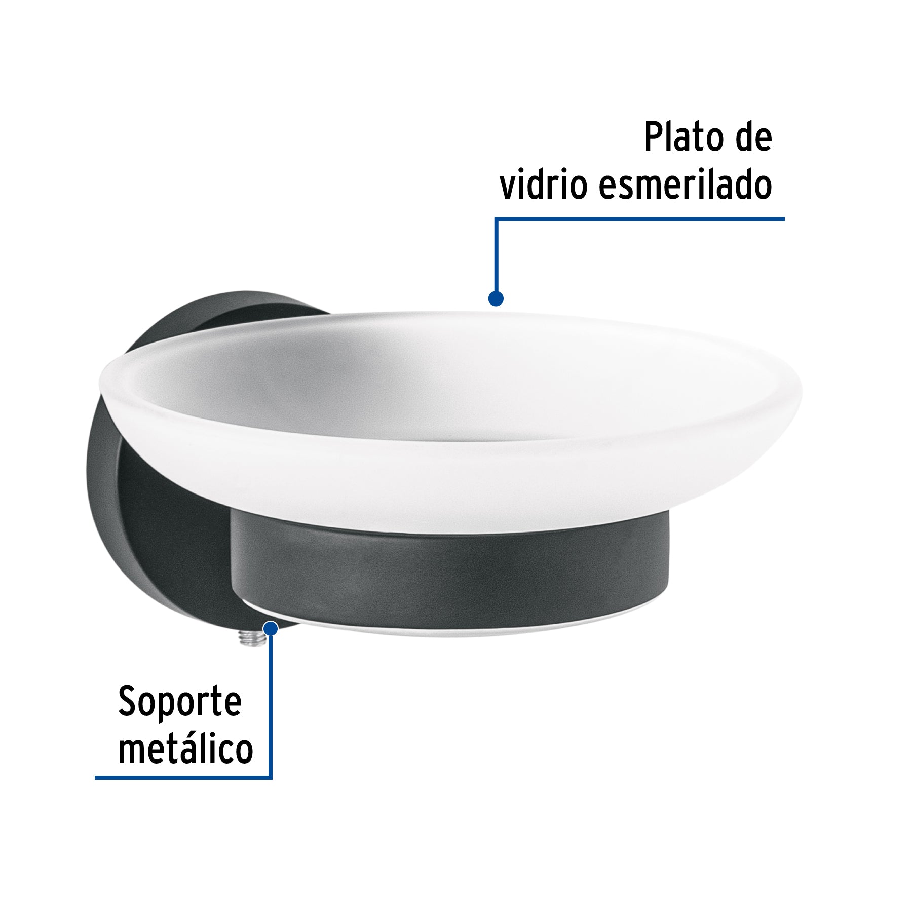 Jabonera metálica negro con plato de vidrio, FOSET TÚBIG