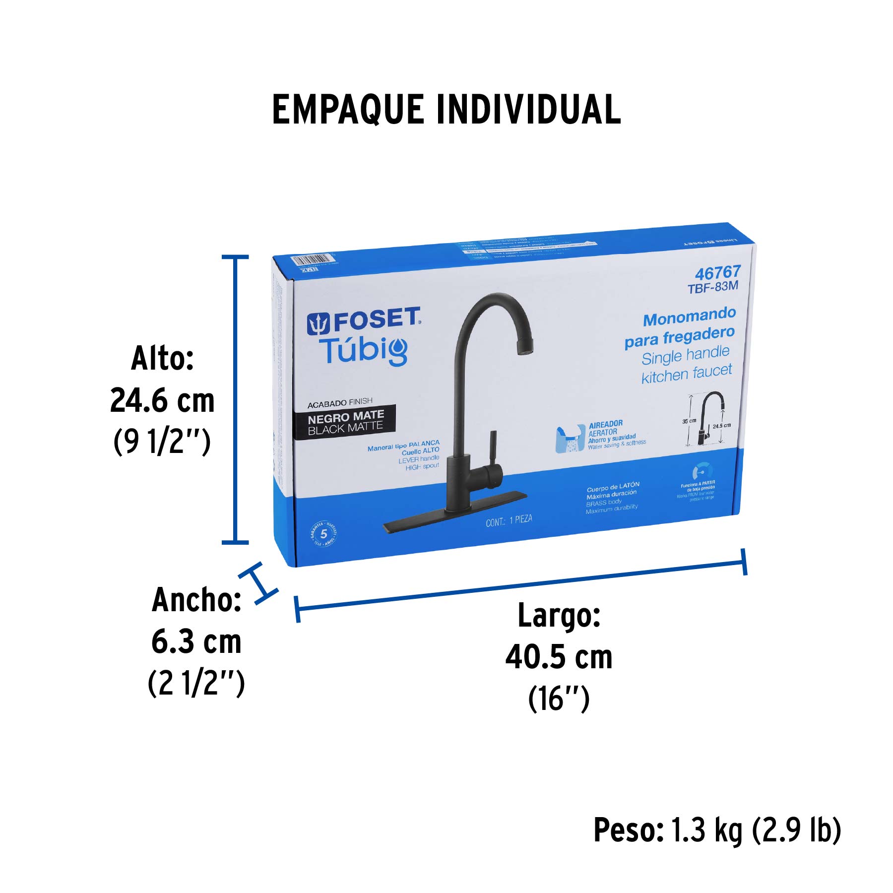 Monomando para fregadero, cuello alto, negro mate, TÚBIG - Empaque