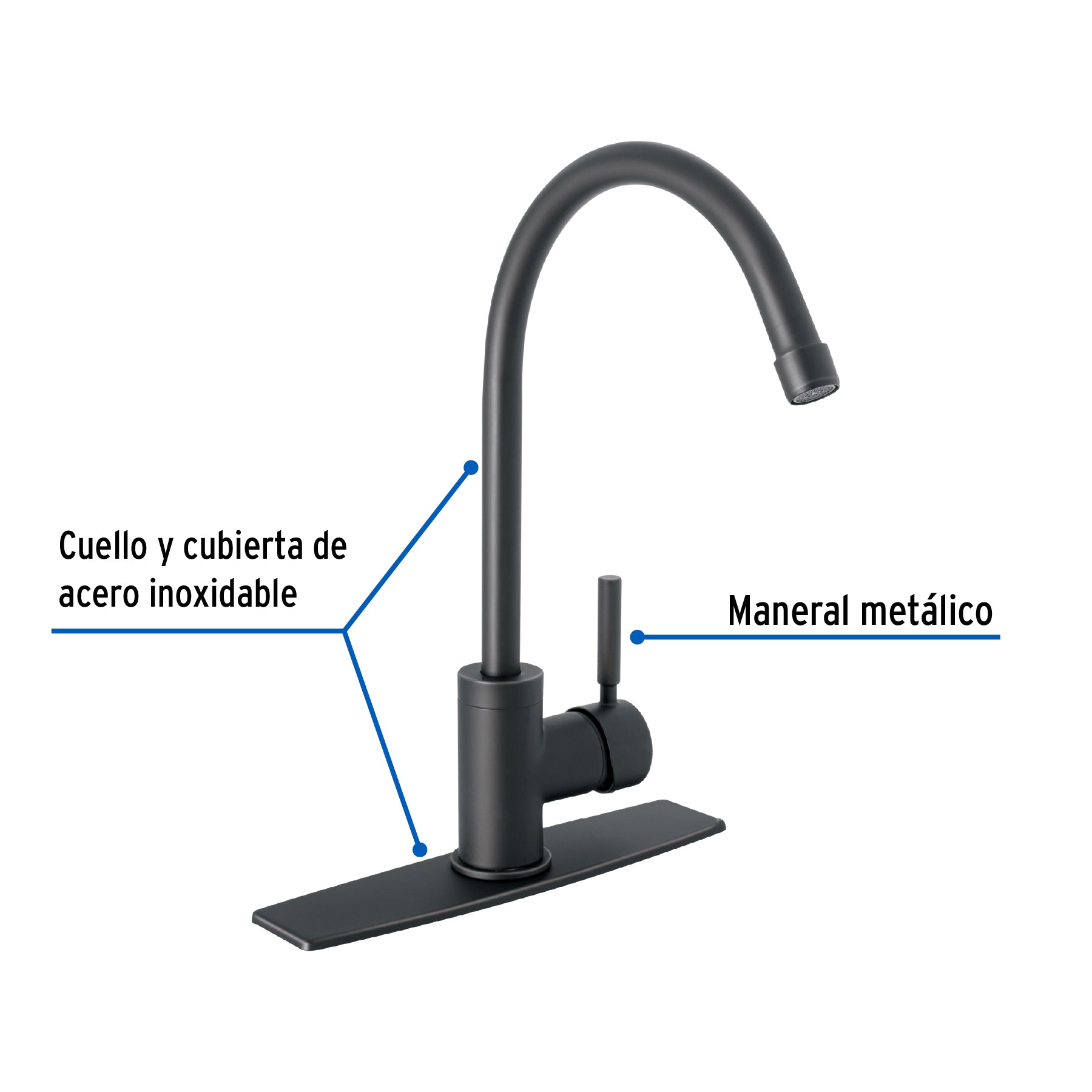 Monomando para fregadero, cuello alto, negro mate, TÚBIG