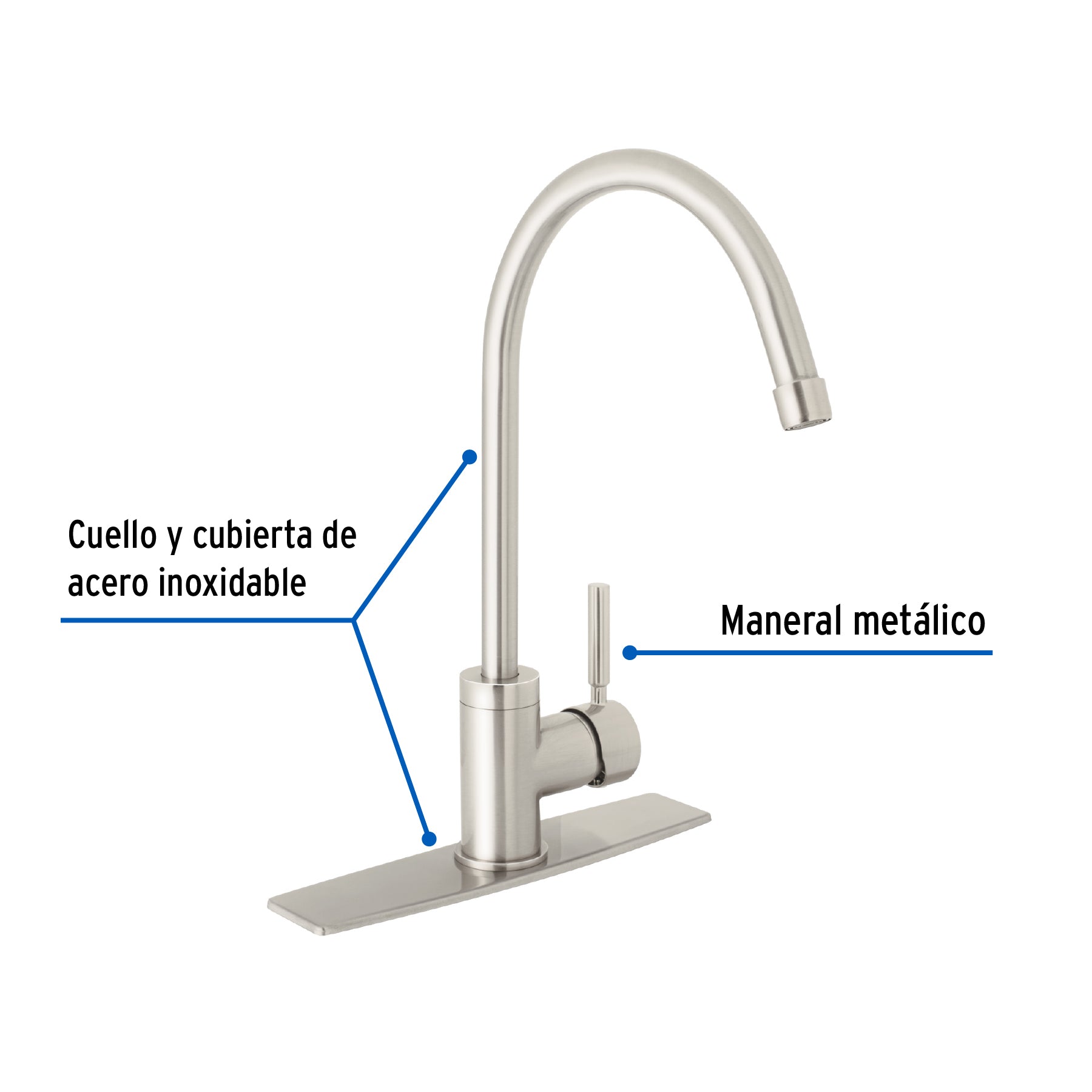Monomando para fregadero, cuello alto, satín, FOSET TÚBIG