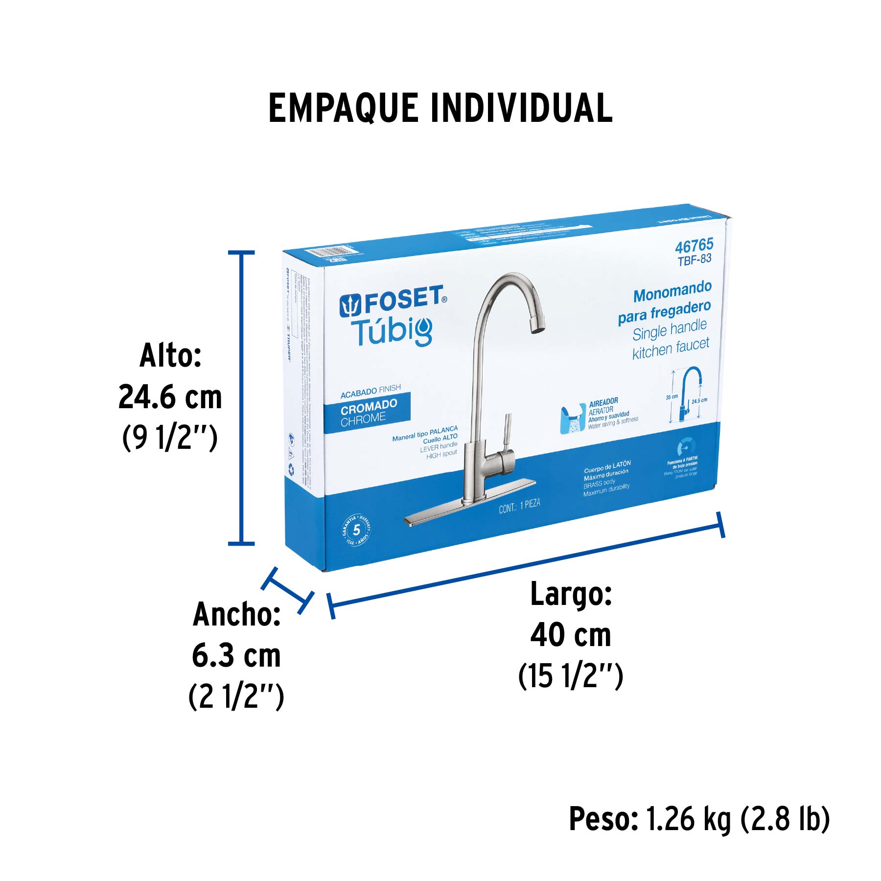 Monomando para fregadero, cuello alto, cromo, FOSET TÚBIG - Empaque