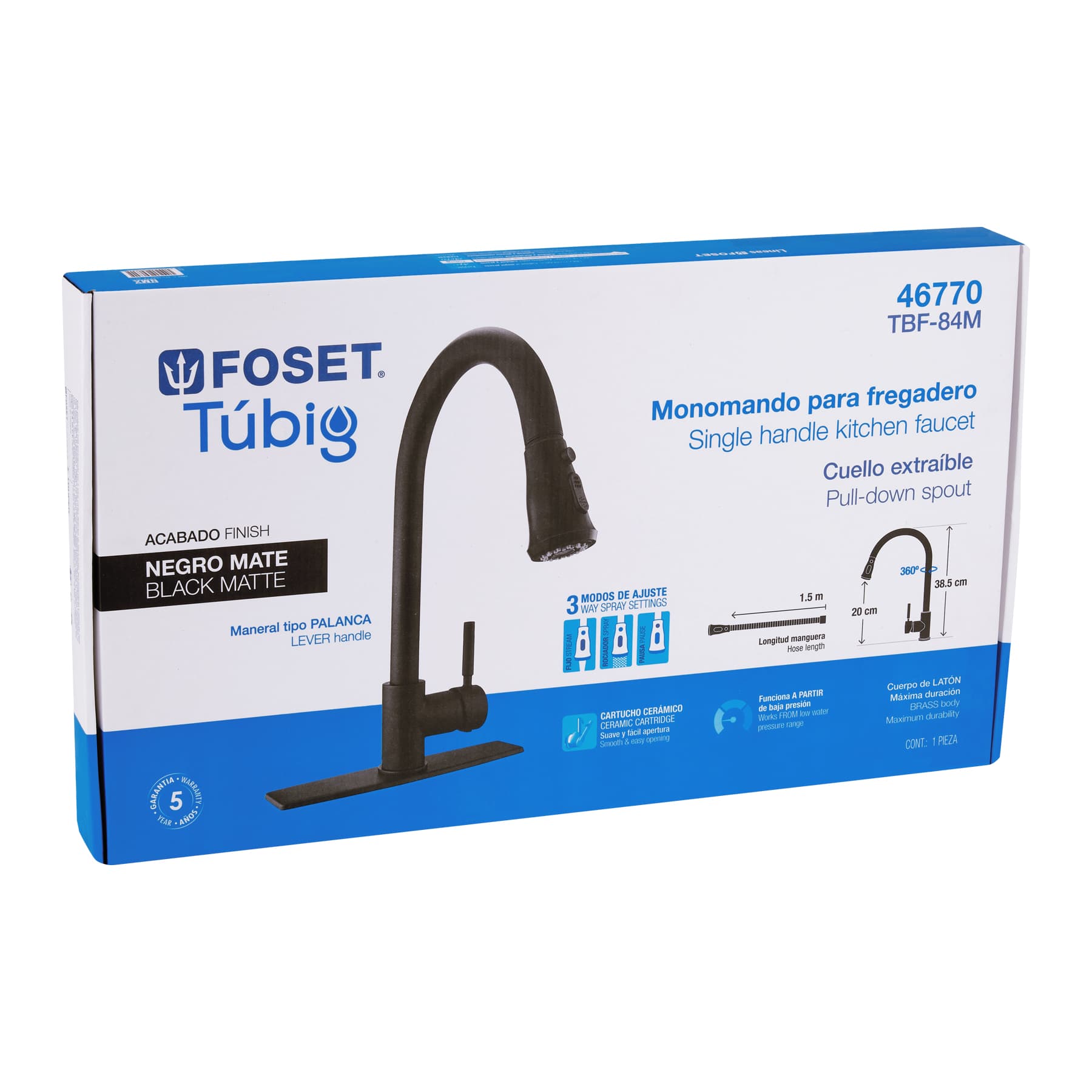 Monomando para fregadero, cuello extraible,negro mate, TÚBIG
