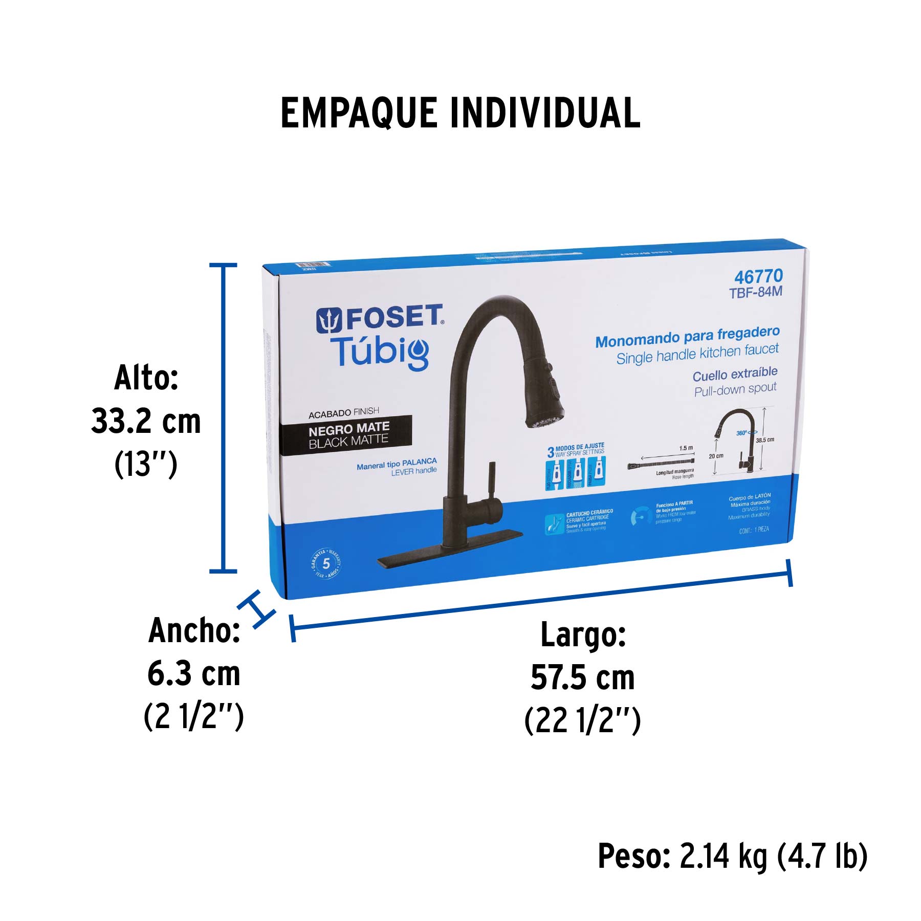Monomando para fregadero, cuello extraible,negro mate, TÚBIG - Empaque