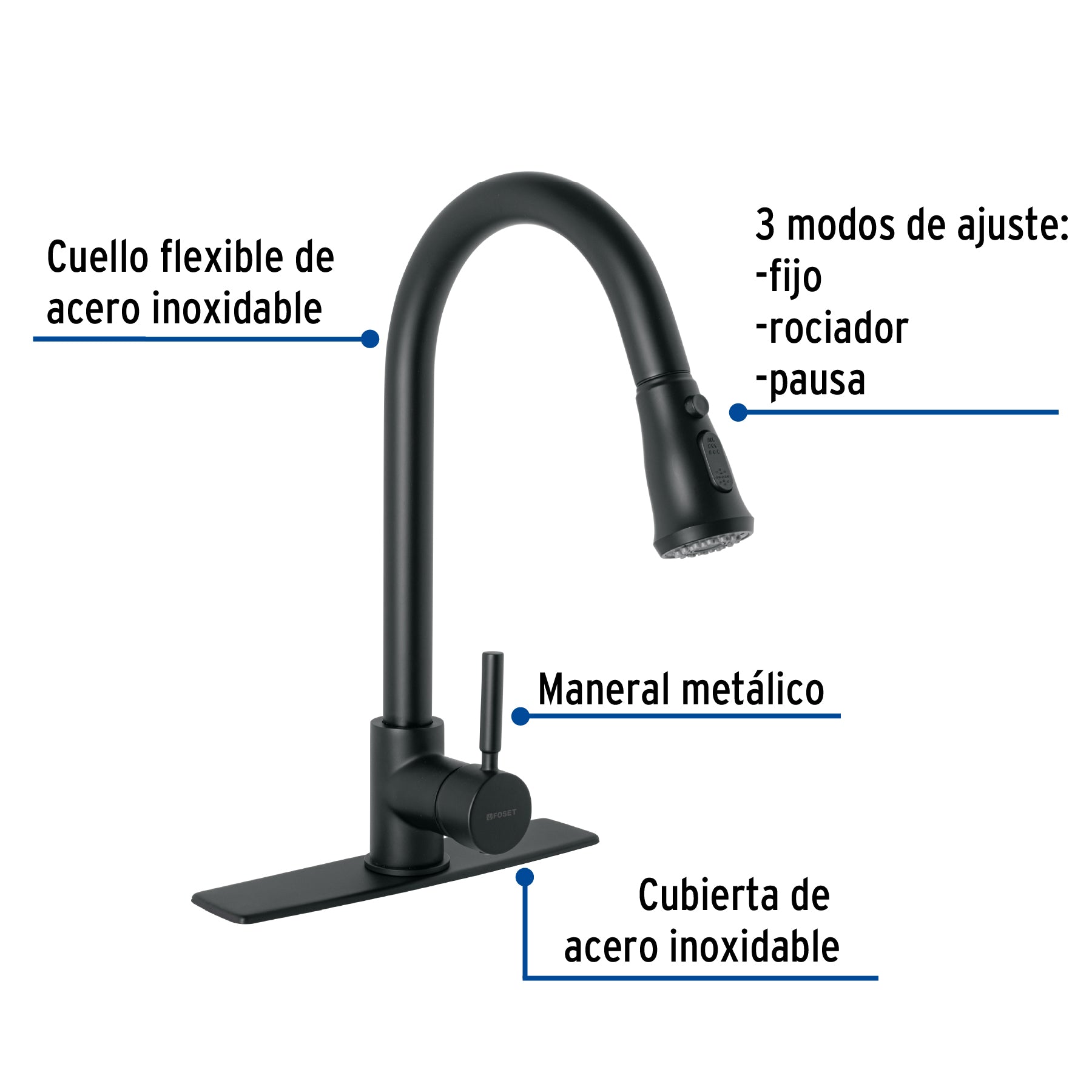 Monomando para fregadero, cuello extraible,negro mate, TÚBIG