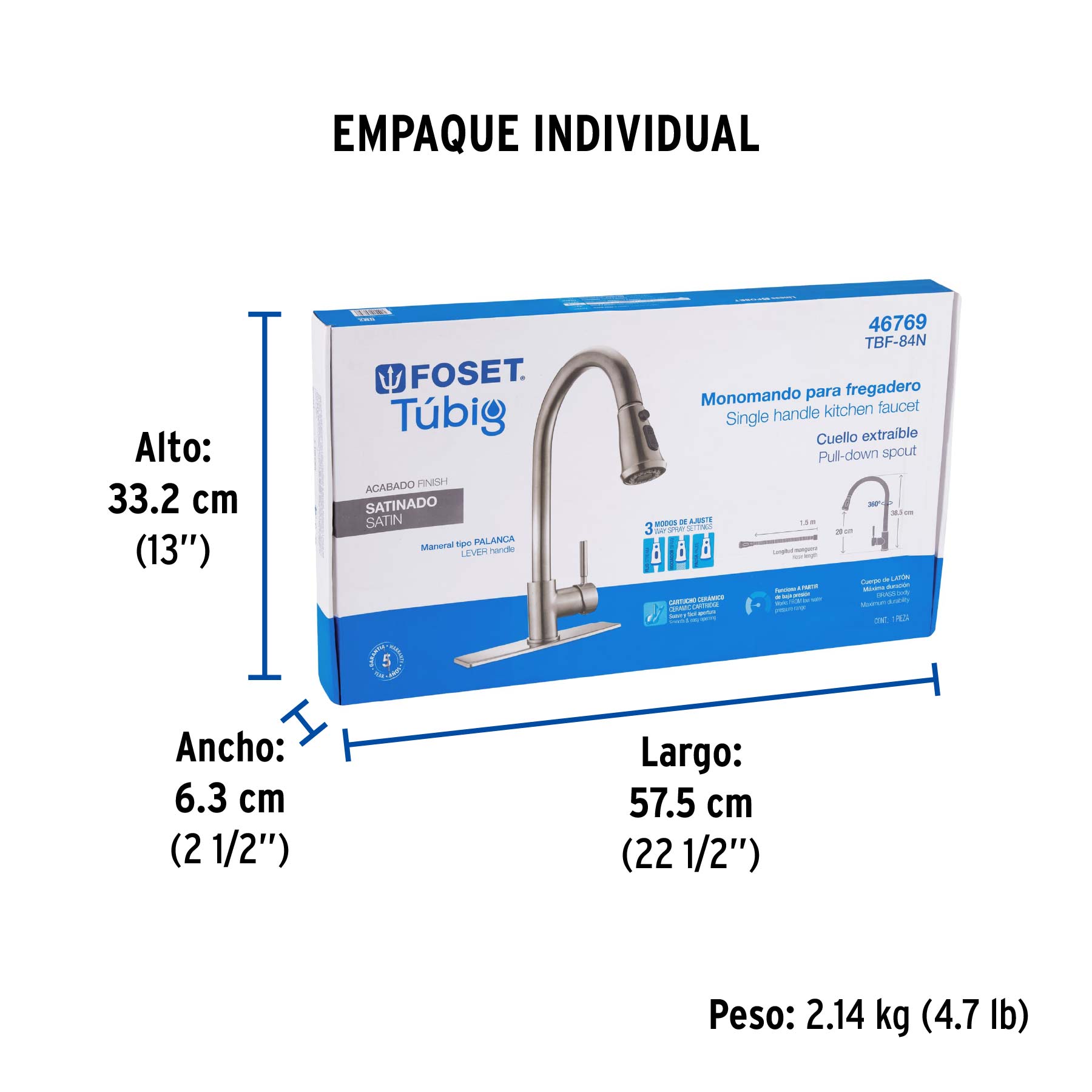 Monomando para fregadero, cuello extraíble, satín, TÚBIG - Empaque