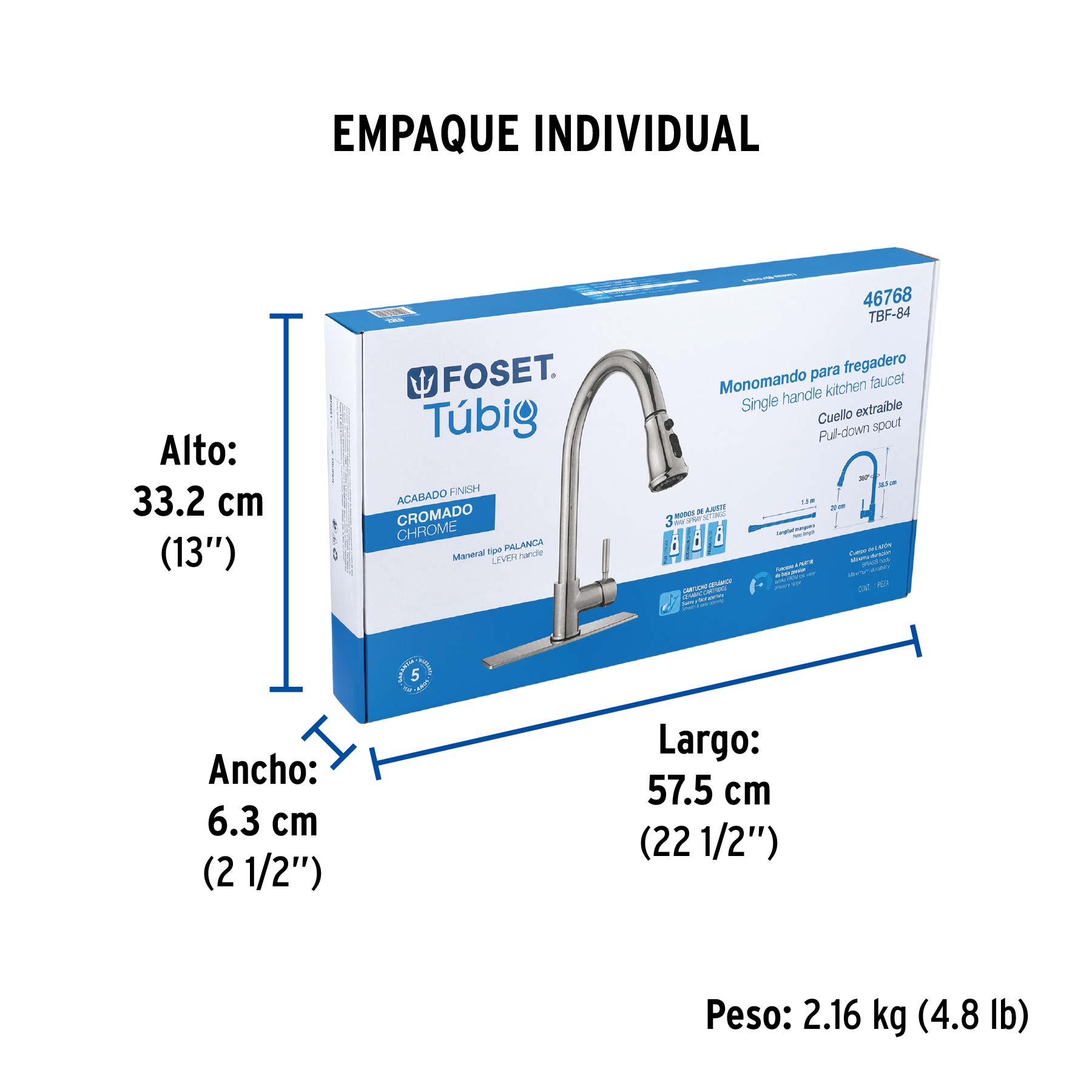 Monomando para fregadero, cuello extraíble, cromo, TÚBIG - Empaque