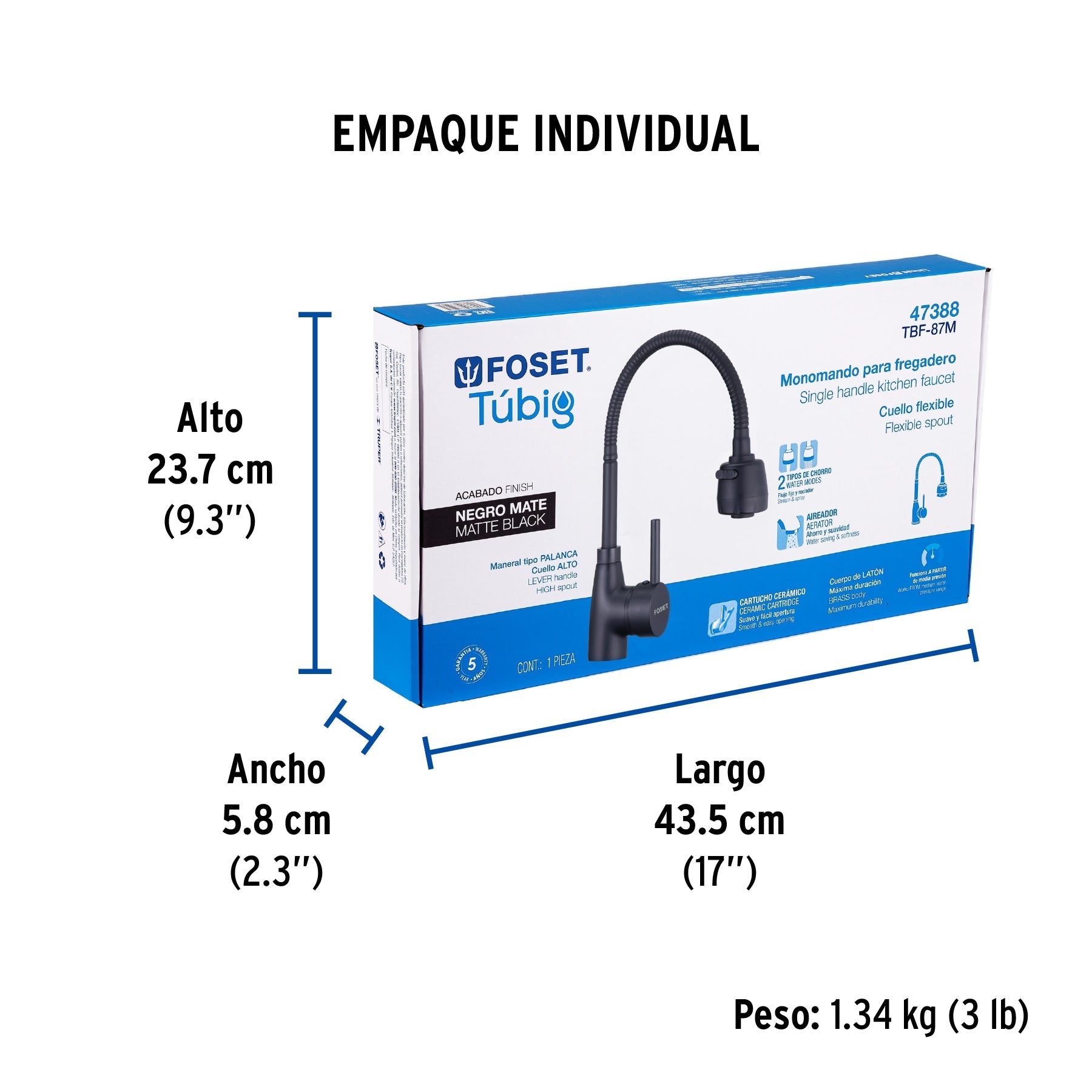 Monomando para fregadero con cuello flexible, negro, TÚBIG - Empaque
