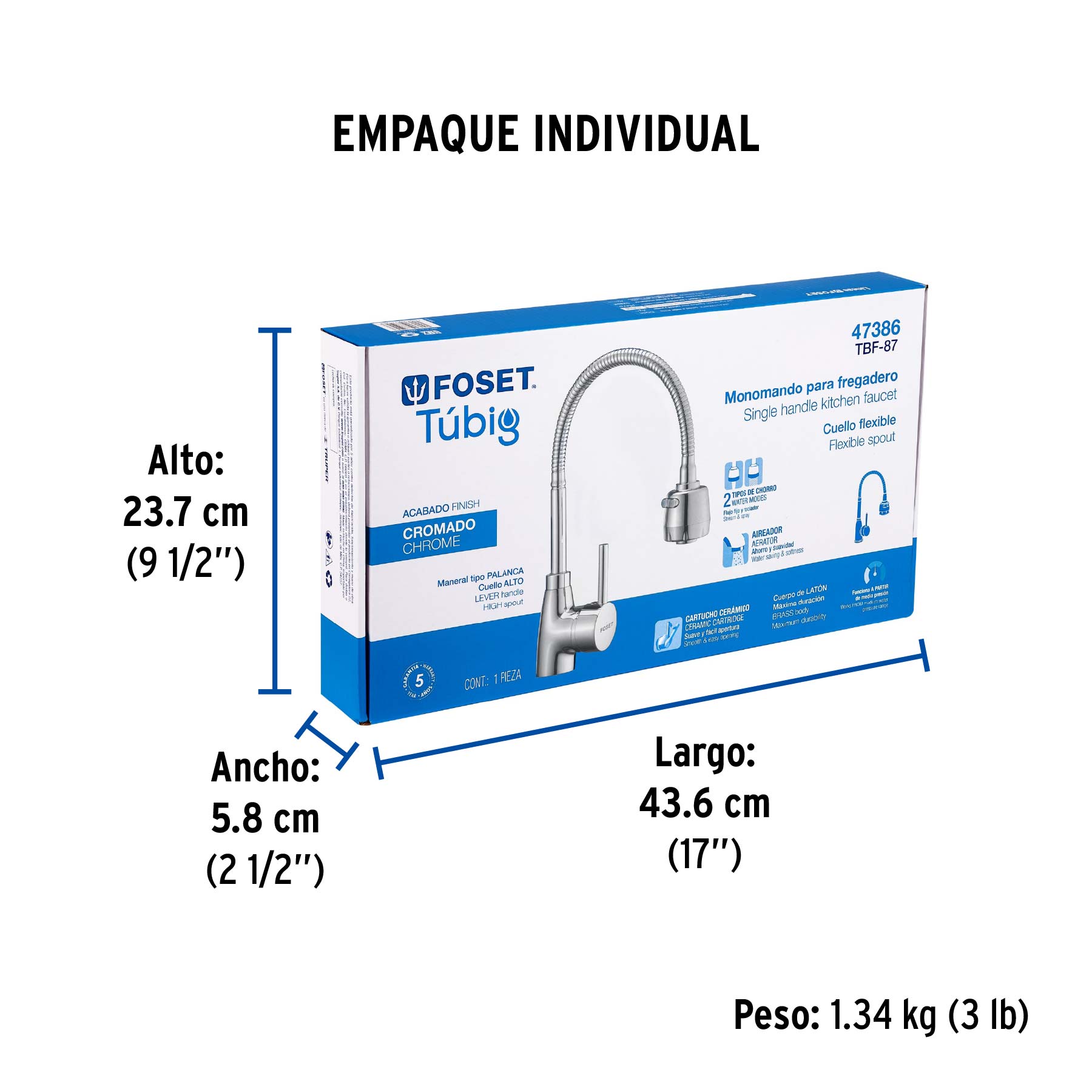 Monomando para fregadero con cuello flexible, cromo, TÚBIG - Empaque
