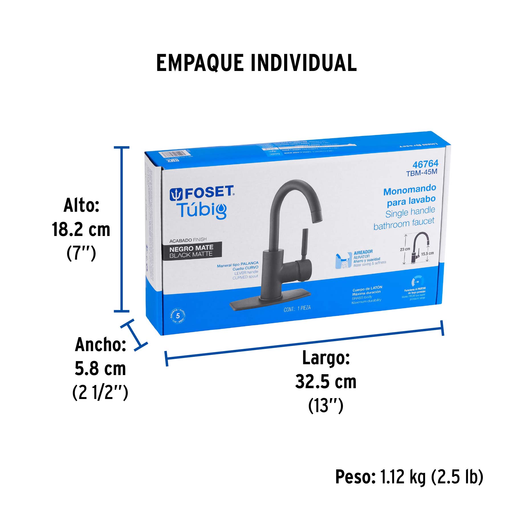 Monomando corto para lavabo, negro mate, FOSET TÚBIG - Empaque