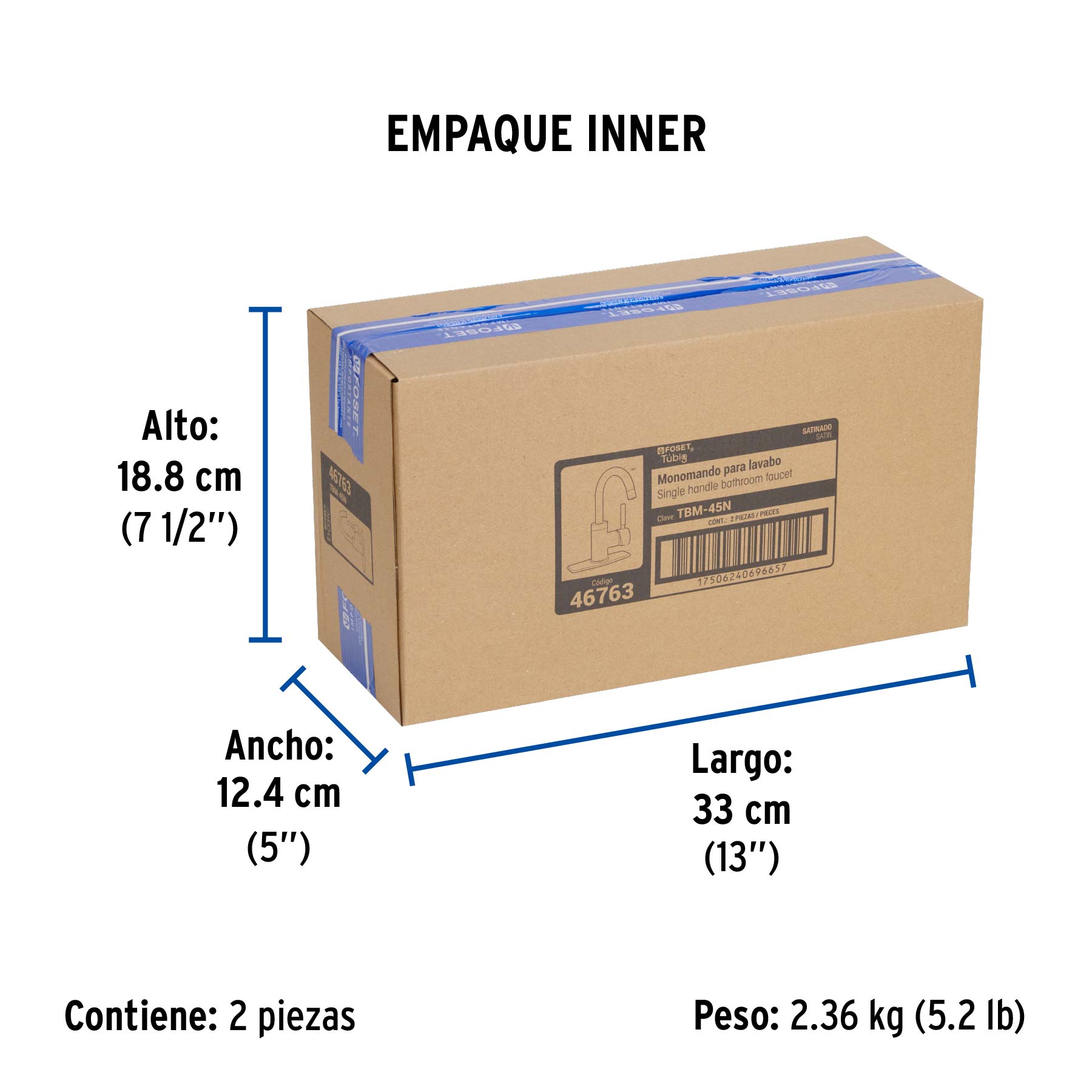 Monomando corto para lavabo, satín, FOSET TÚBIG - Empaque