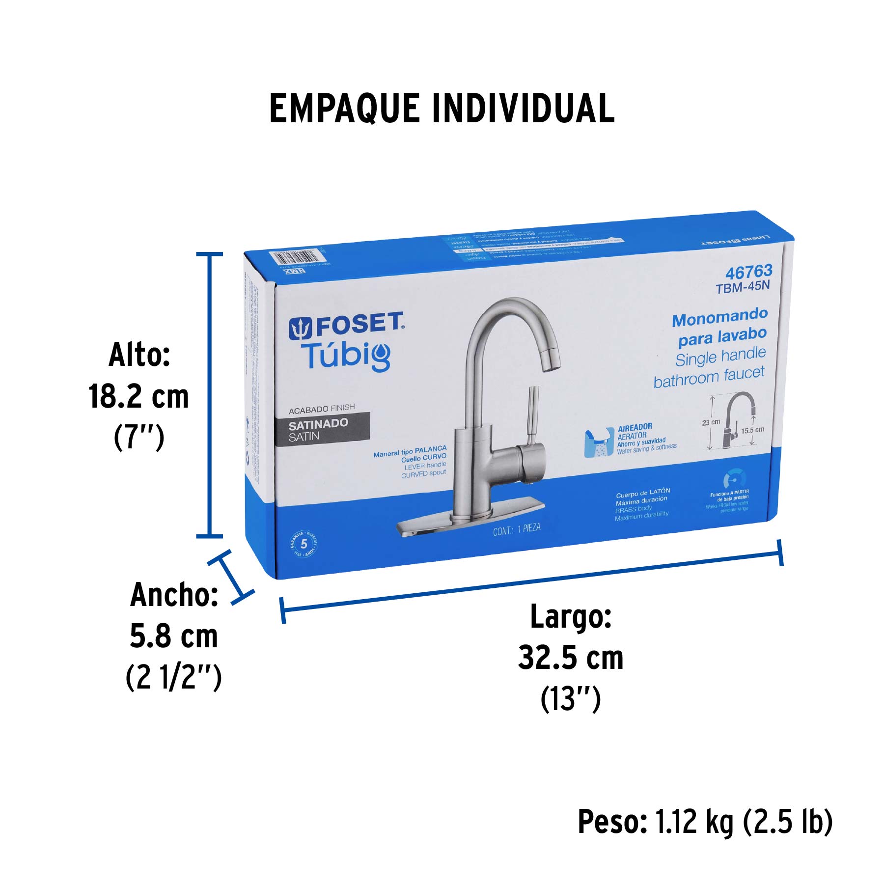 Monomando corto para lavabo, satín, FOSET TÚBIG - Empaque
