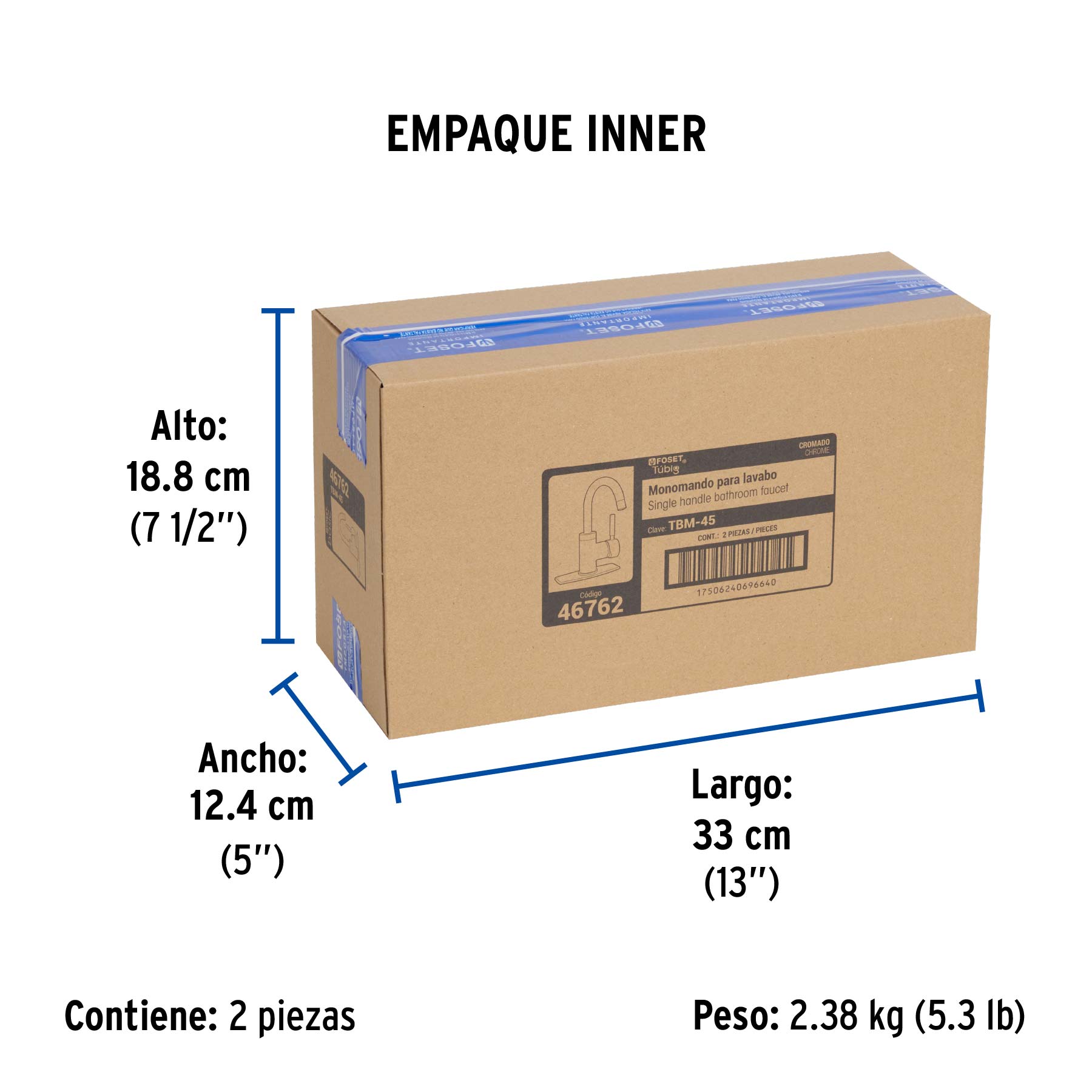 Monomando corto para lavabo, cromo, FOSET TÚBIG - Empaque