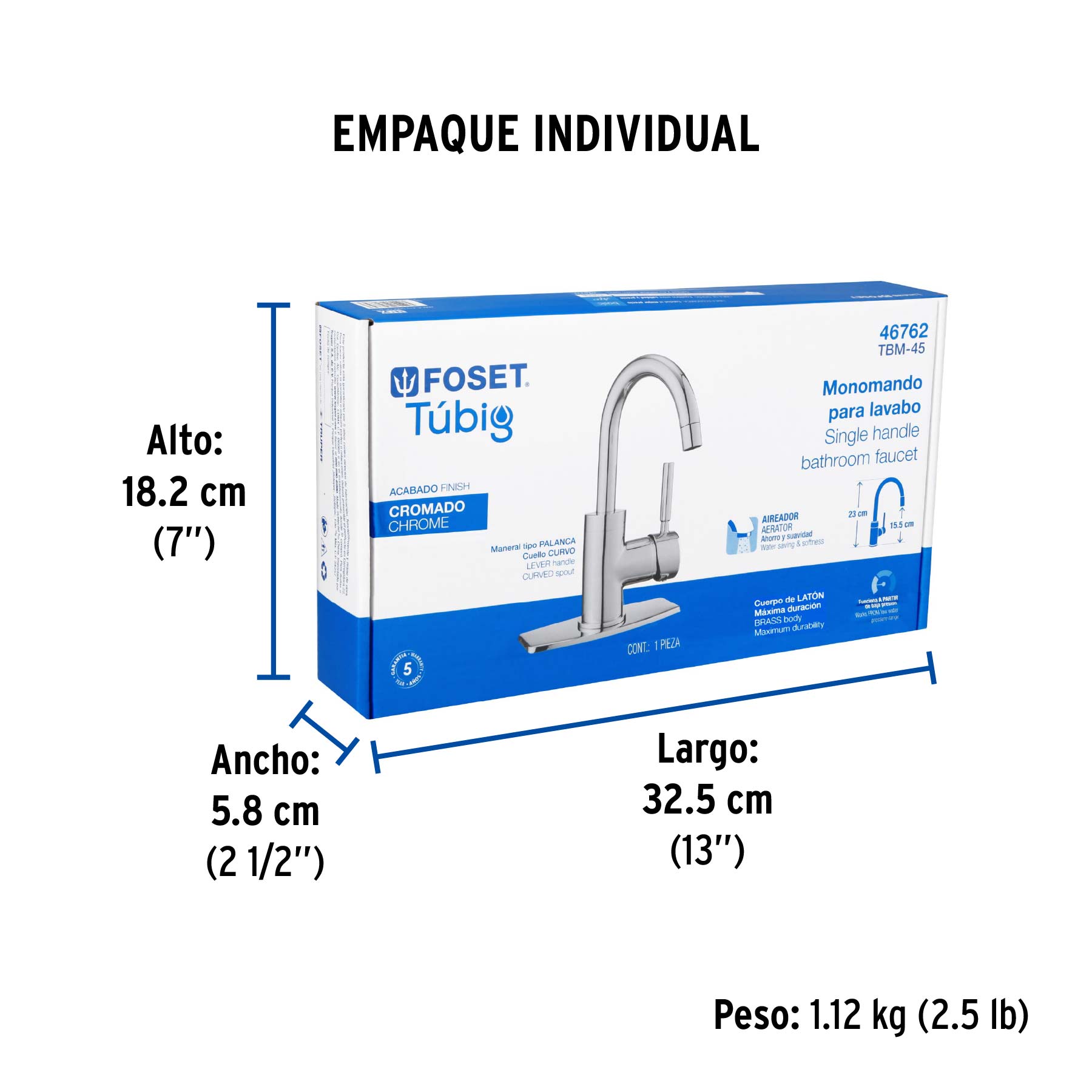 Monomando corto para lavabo, cromo, FOSET TÚBIG - Empaque