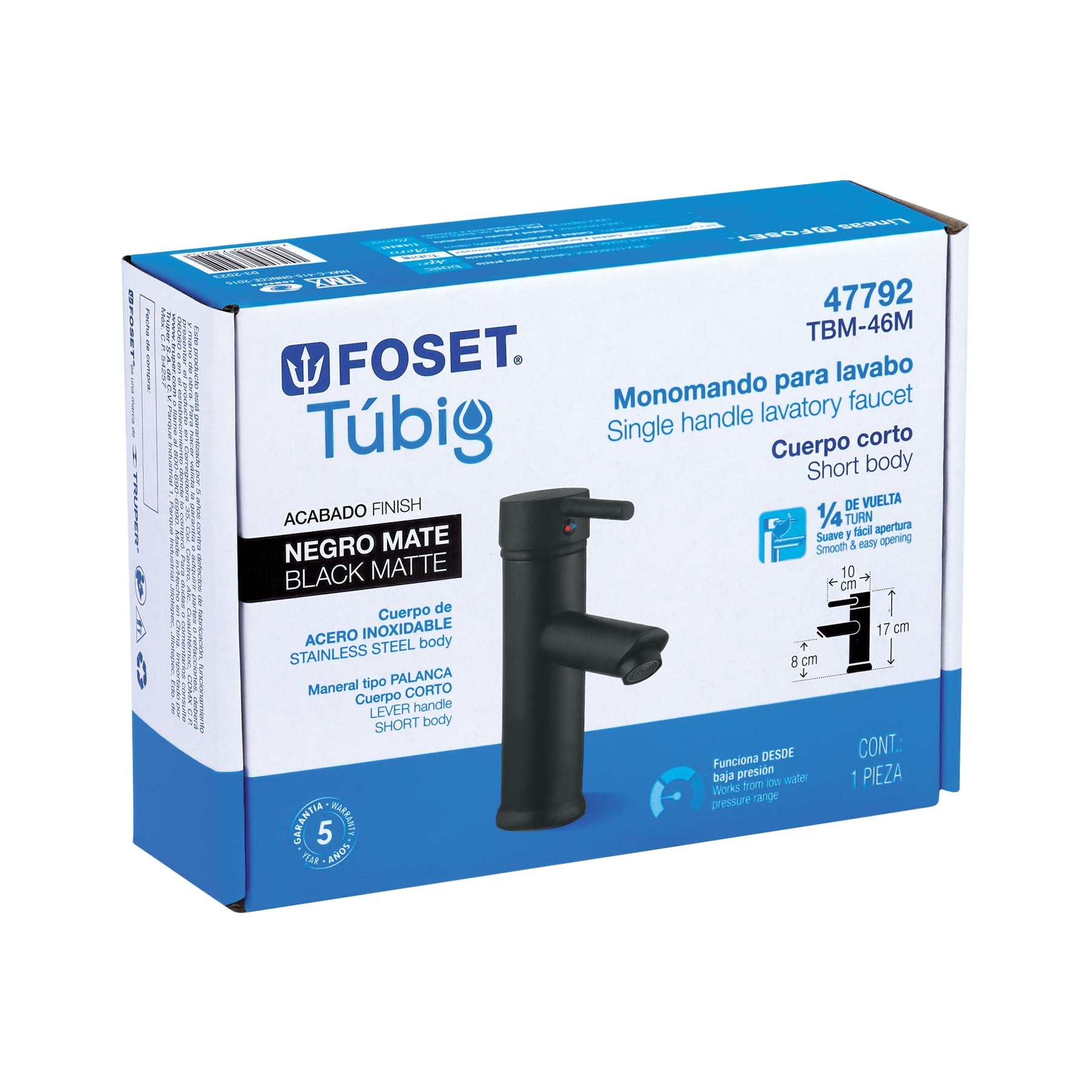 Monomando corto negro para lavabo, FOSET TÚBIG