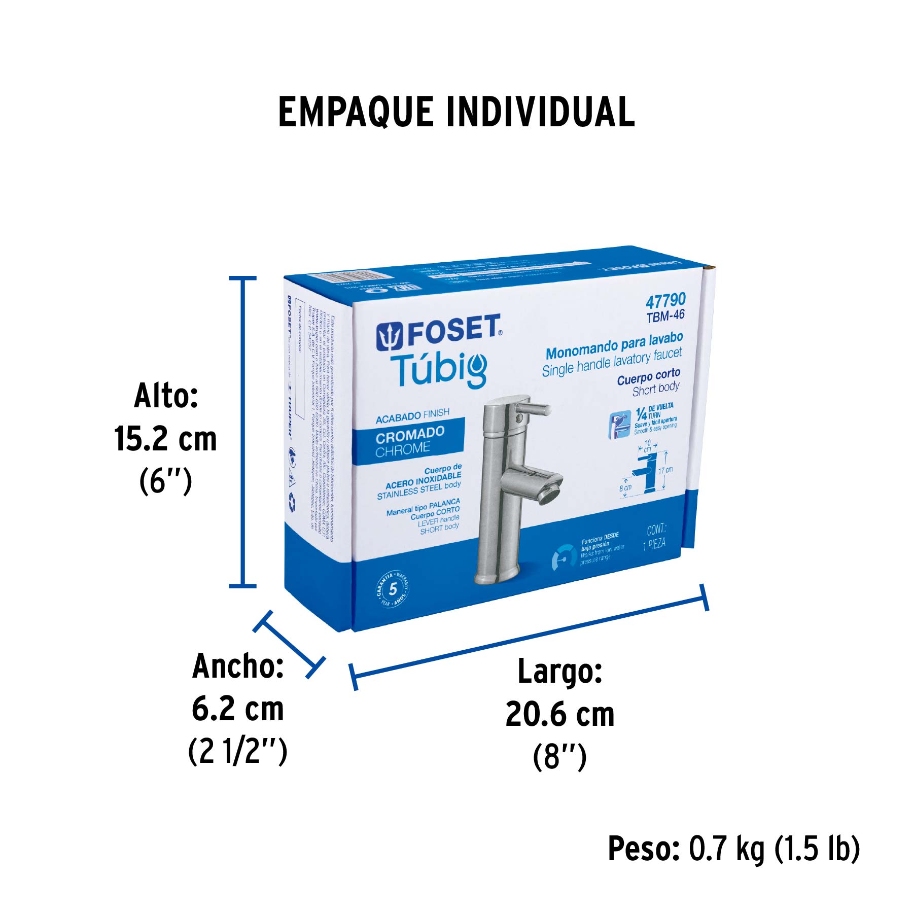 Monomando corto cromo para lavabo, FOSET TÚBIG - Empaque