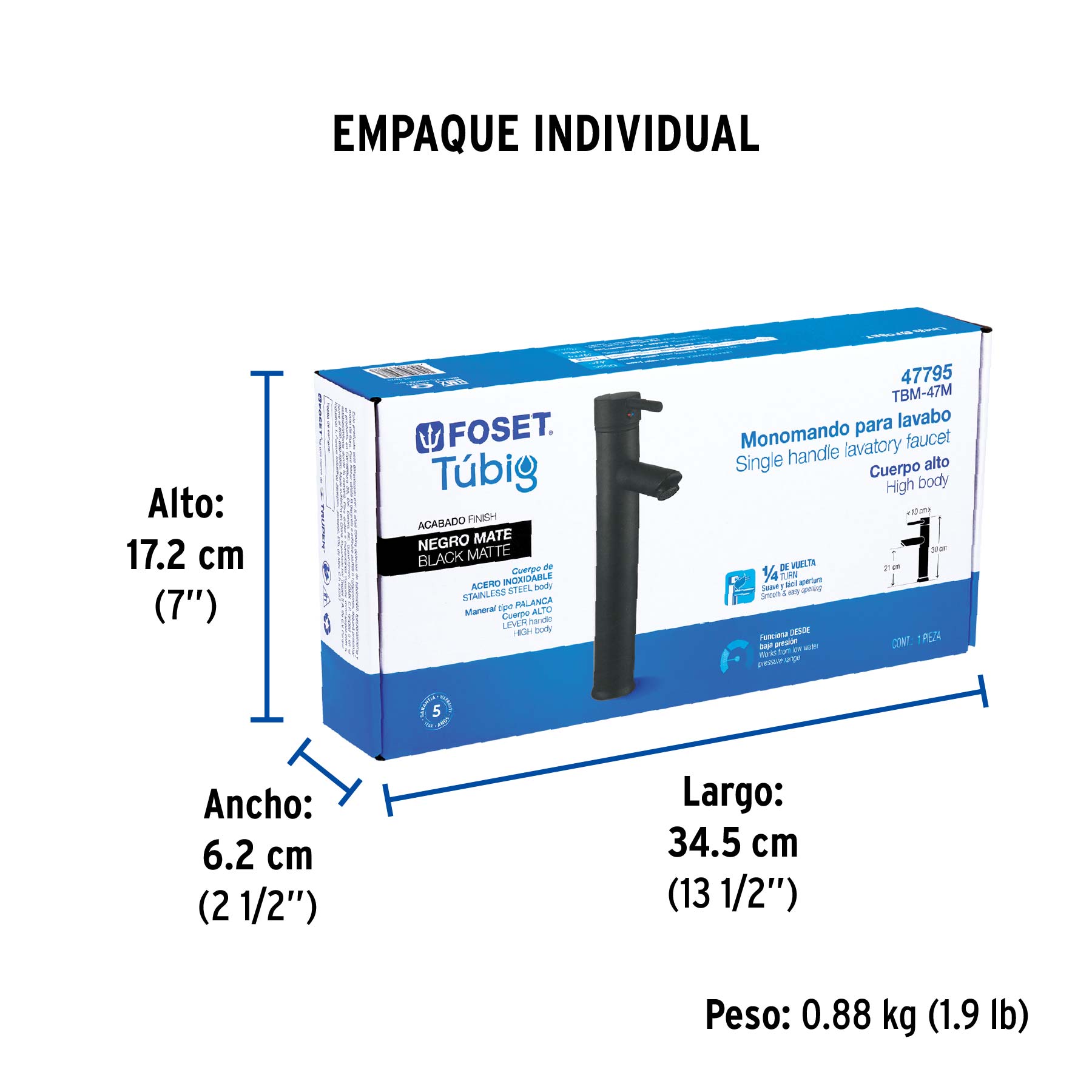 Monomando alto negro para lavabo, FOSET TÚBIG - Empaque