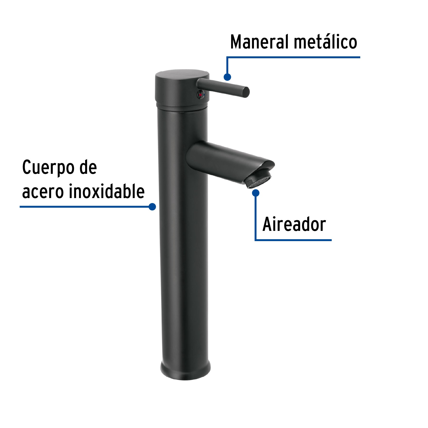 Monomando alto negro para lavabo, FOSET TÚBIG