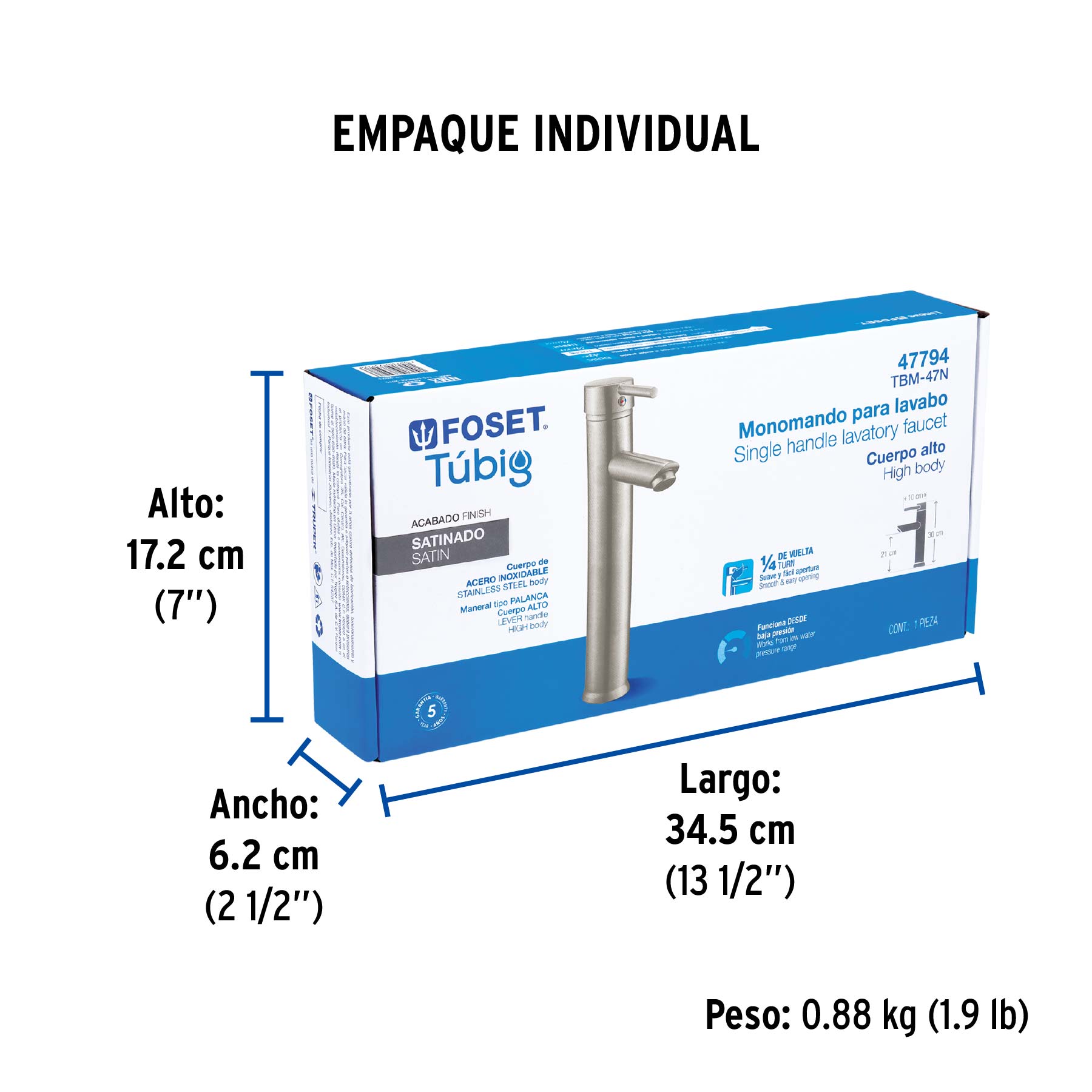 Monomando alto satín para lavabo, FOSET TÚBIG - Empaque