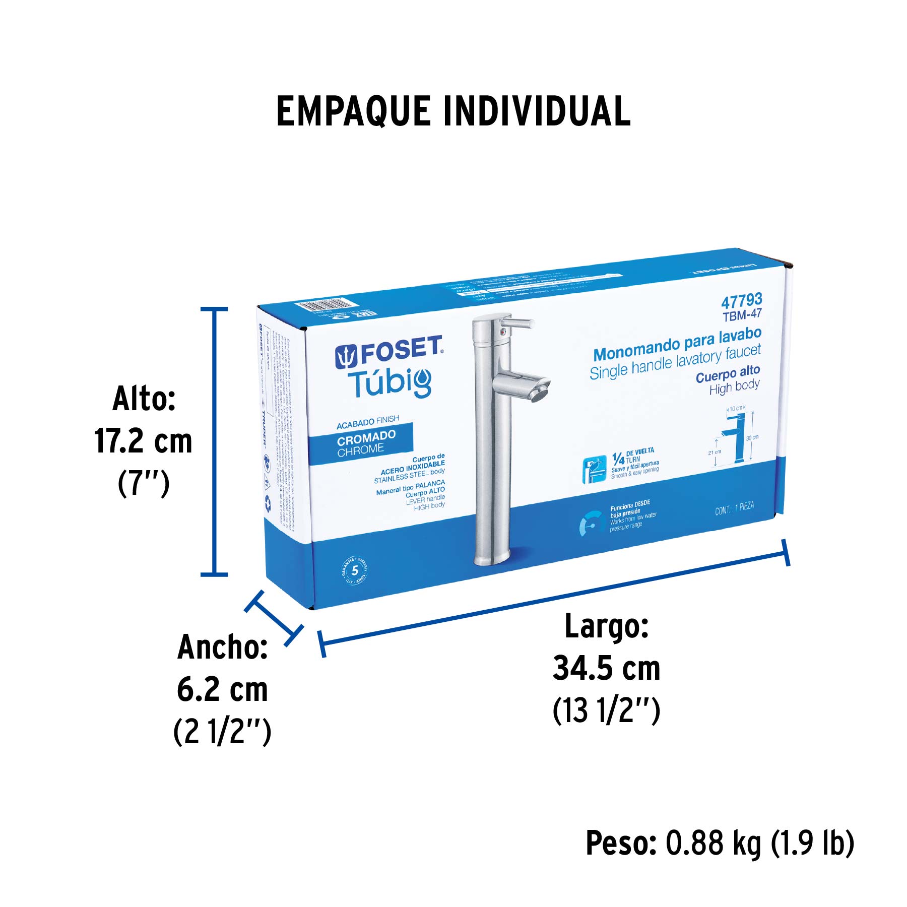 Monomando alto cromo para lavabo, FOSET TÚBIG - Empaque