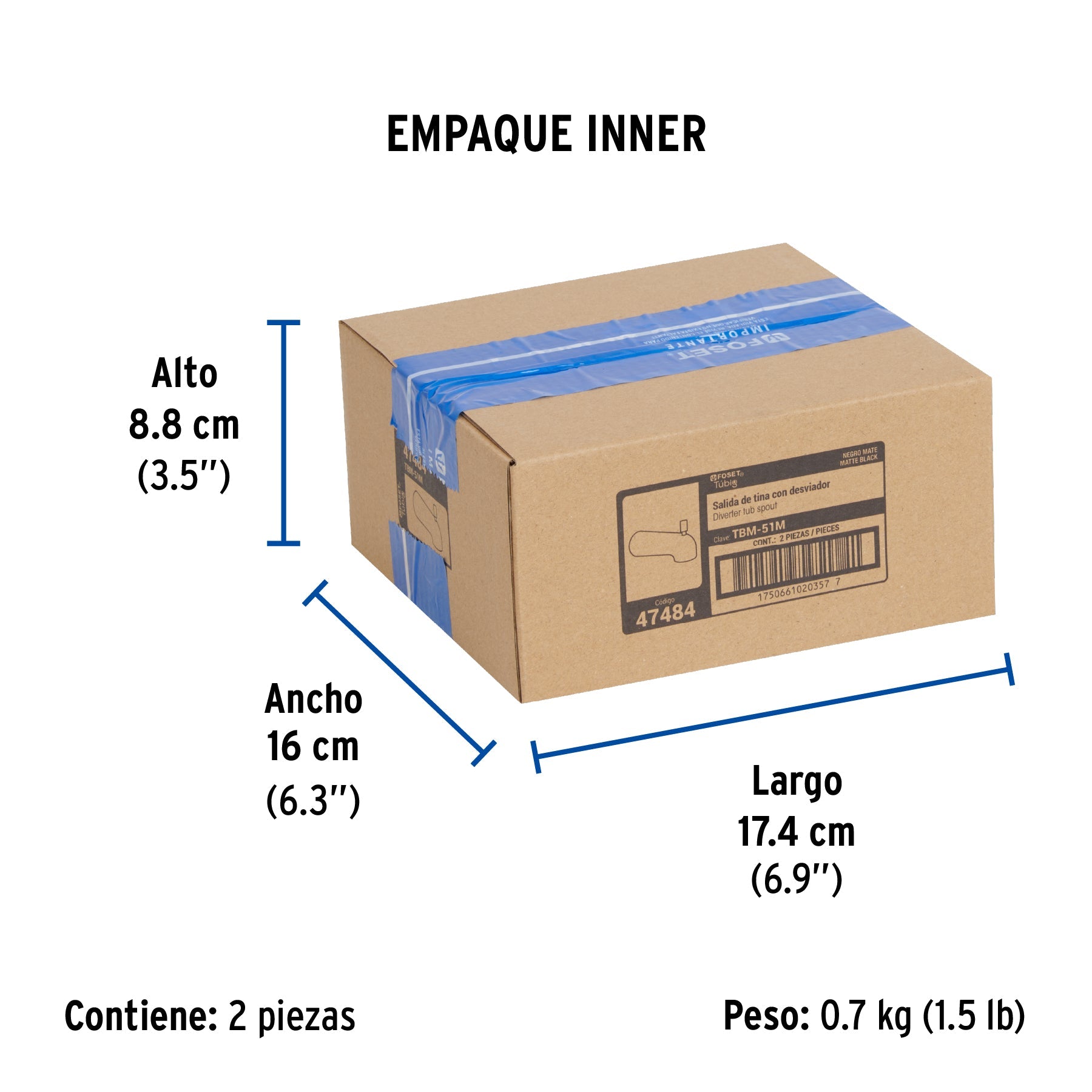 Salida de tina con desviador, negro, FOSET TÚBIG - Empaque