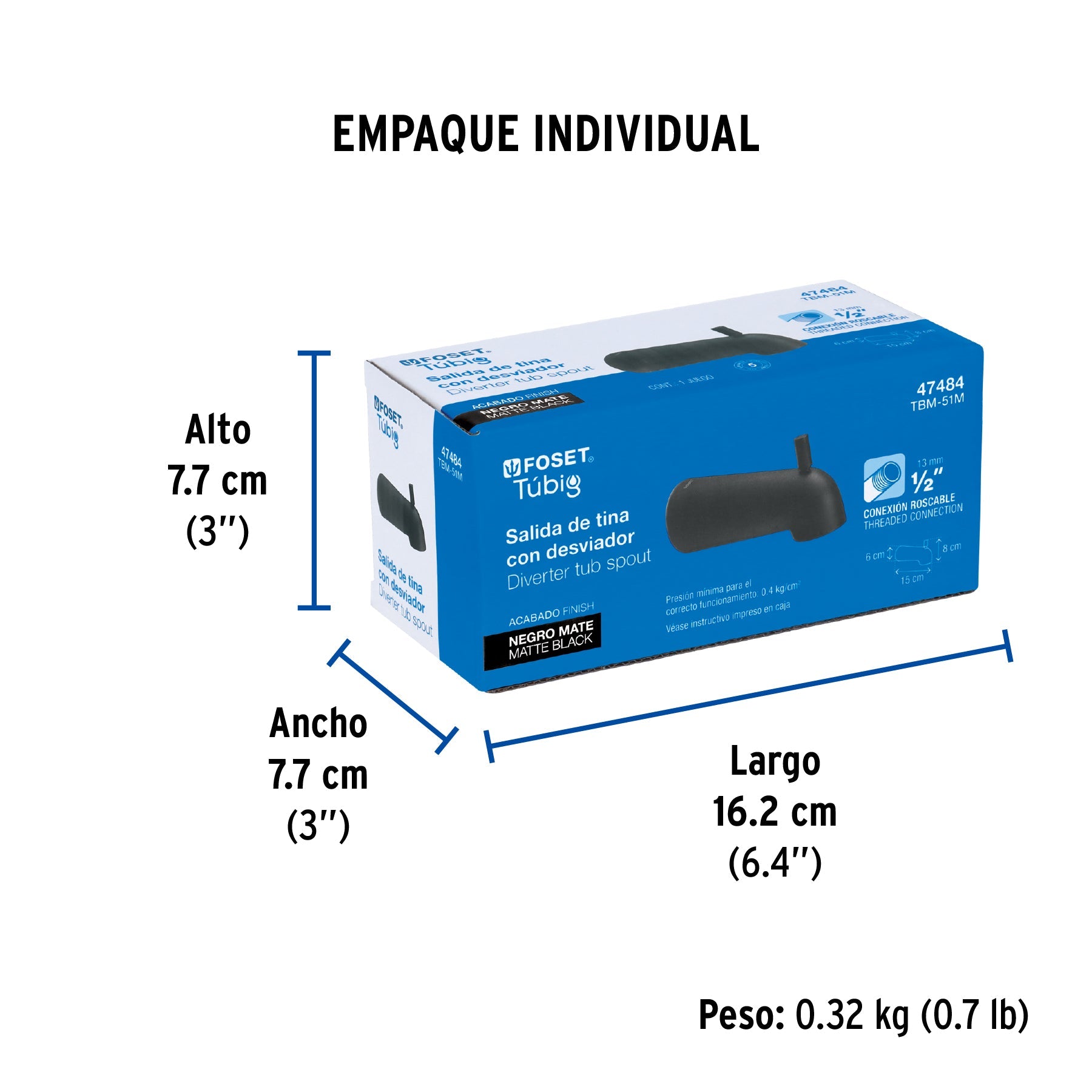 Salida de tina con desviador, negro, FOSET TÚBIG - Empaque