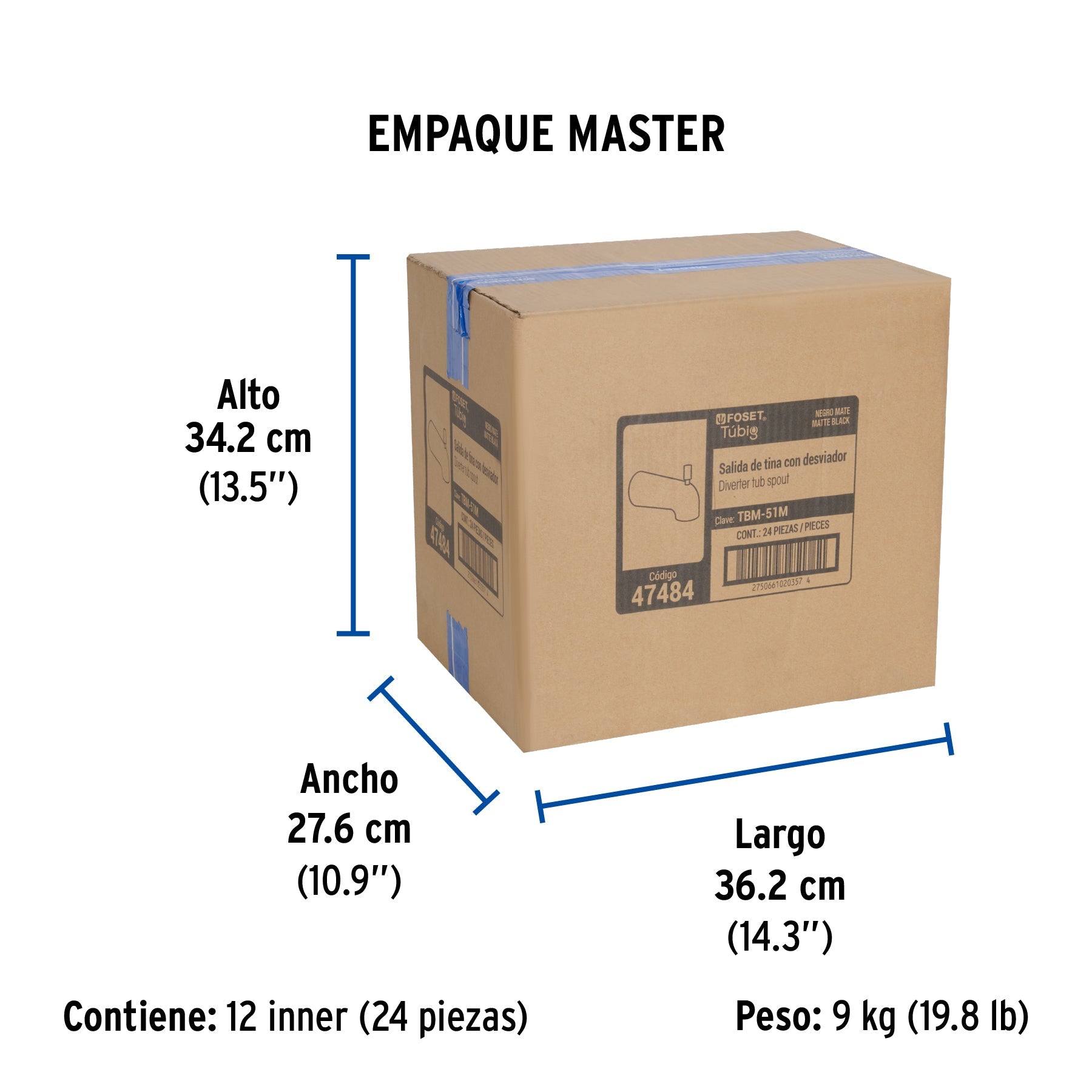 Salida de tina con desviador, negro, FOSET TÚBIG - Empaque