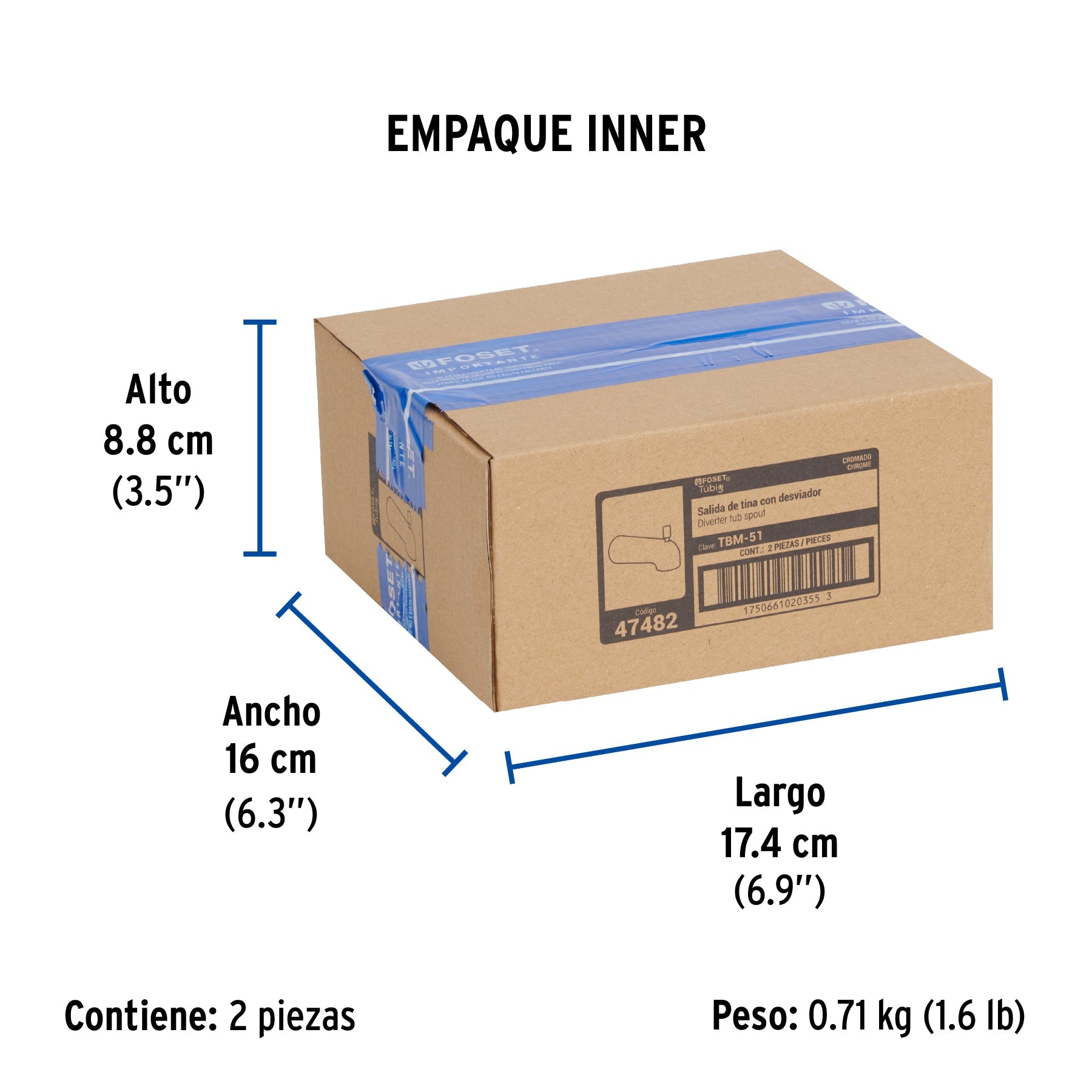 Salida de tina con desviador, cromo, FOSET TÚBIG - Empaque
