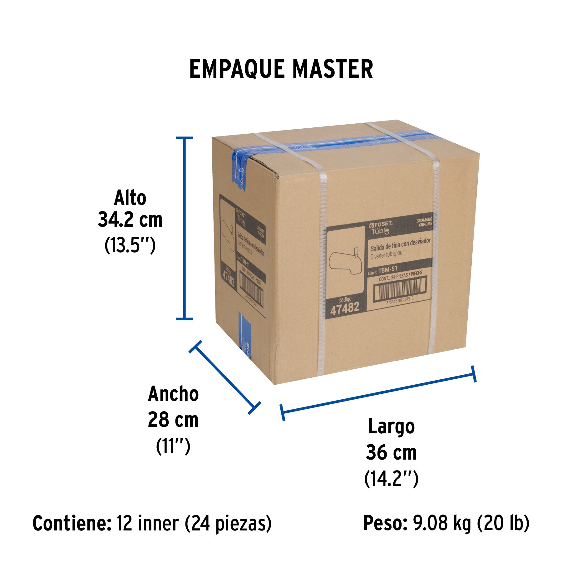 Salida de tina con desviador, cromo, FOSET TÚBIG - Empaque